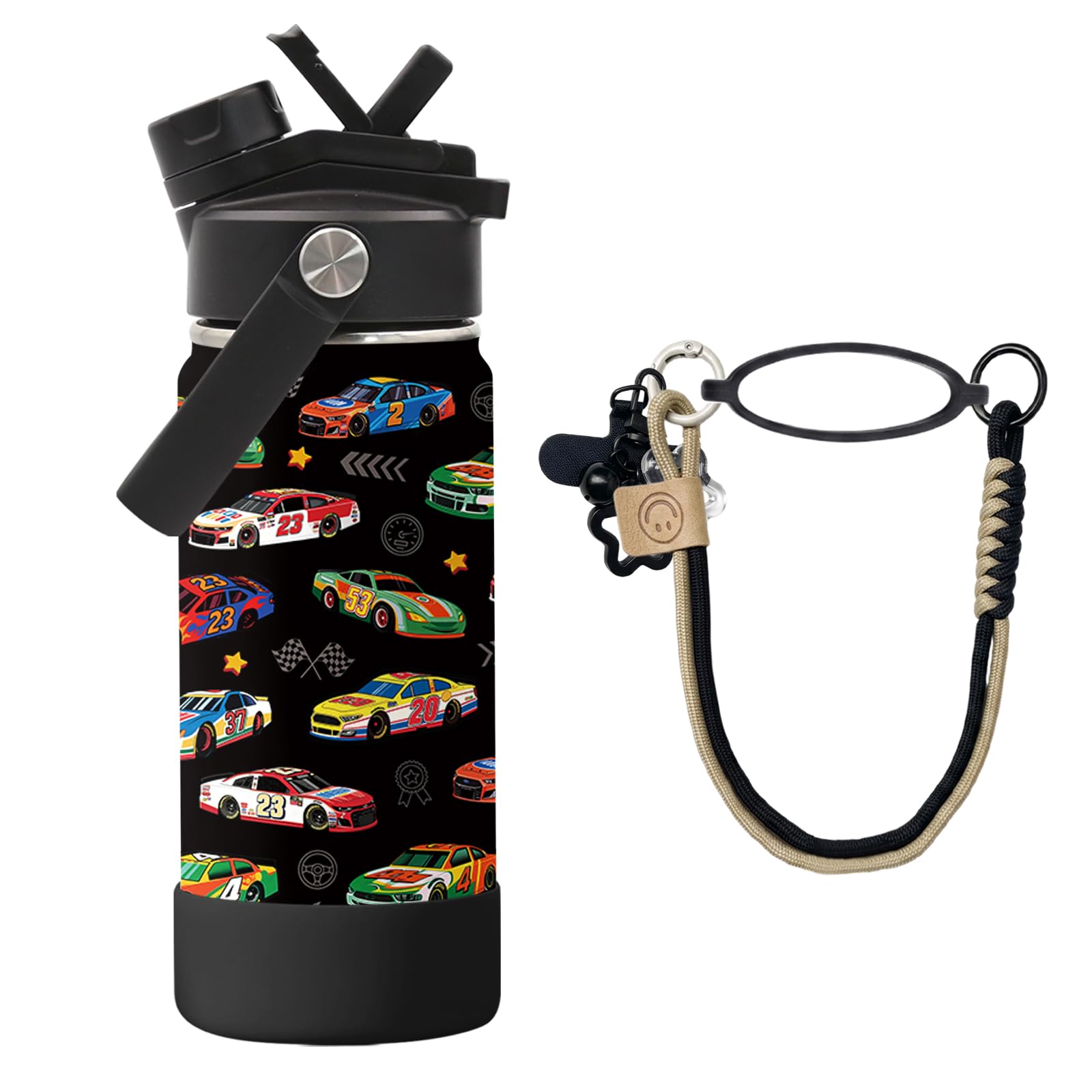 Roneenz Race Car Gifts for Boys  16 oz Water Bottle with Cute Lanyard