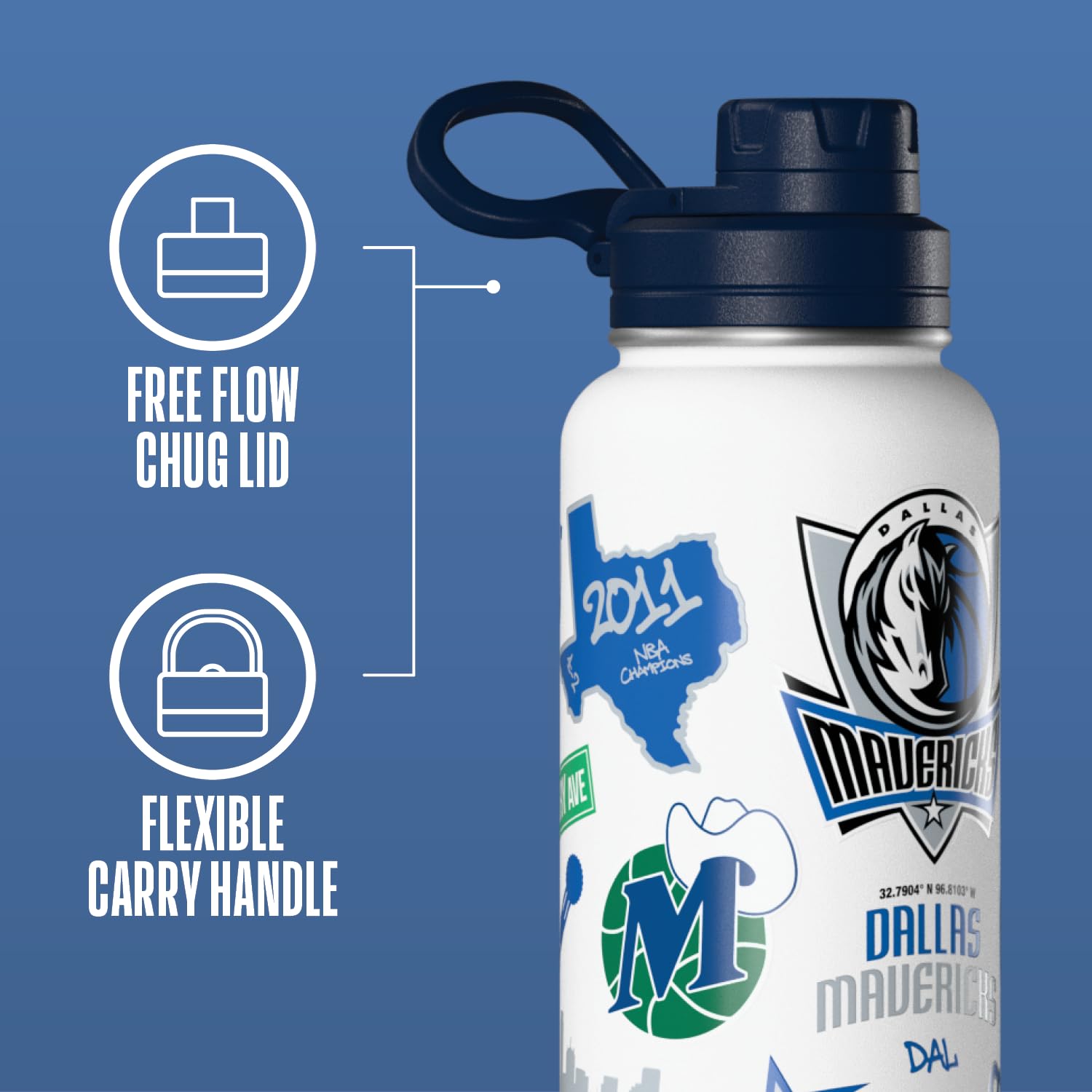 Hydrapeak x NBA Officially Licensed Dallas Mavericks 32 oz Active Water Bottle with Chug Lid Reusable Stainless Steel Double Wal