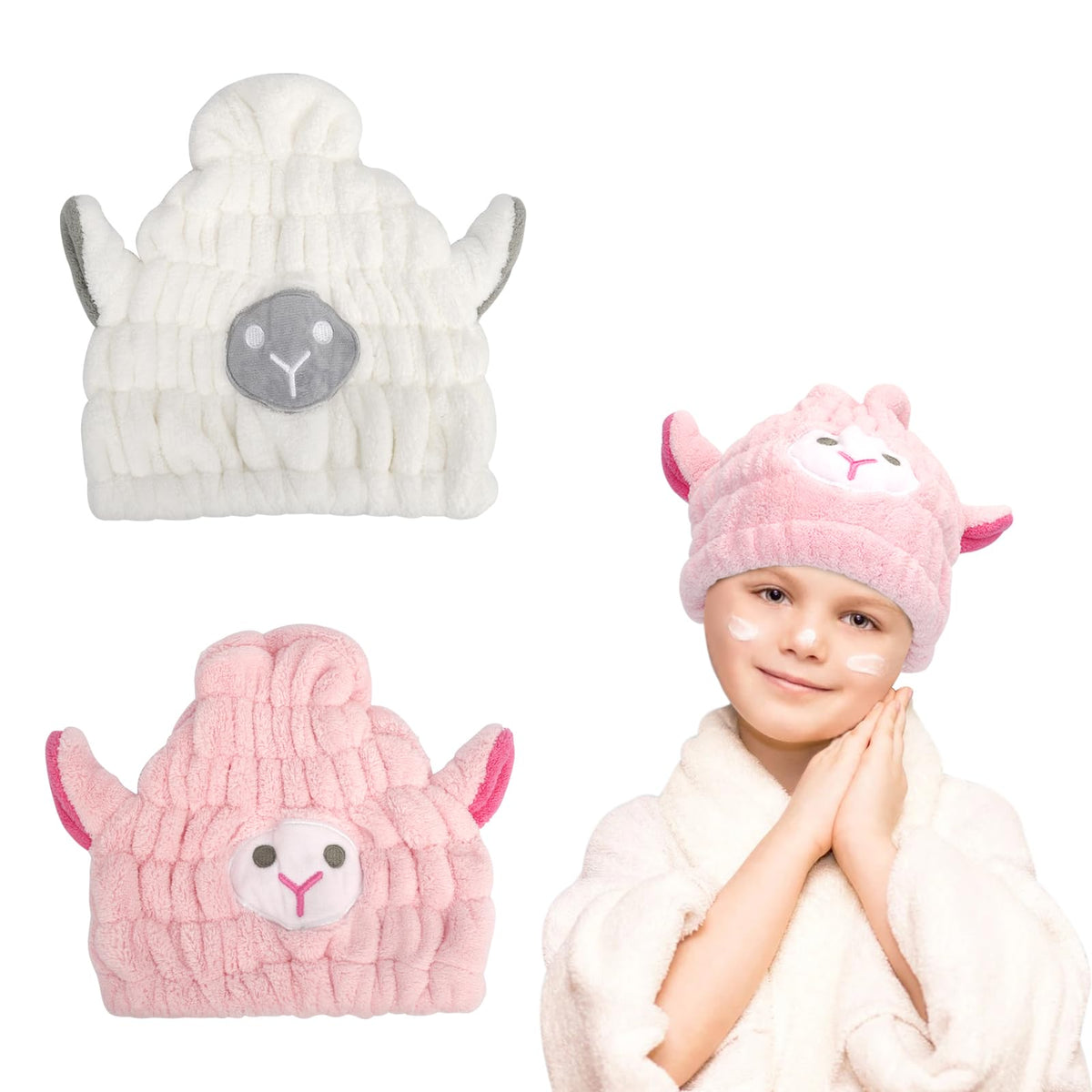 Unaone 2 PCS Hair Drying Towel for Kids Girls, Microfiber Hair Towel Wrap Quick Dry Hair Turbans for Curly Long Thick Hair (Whit