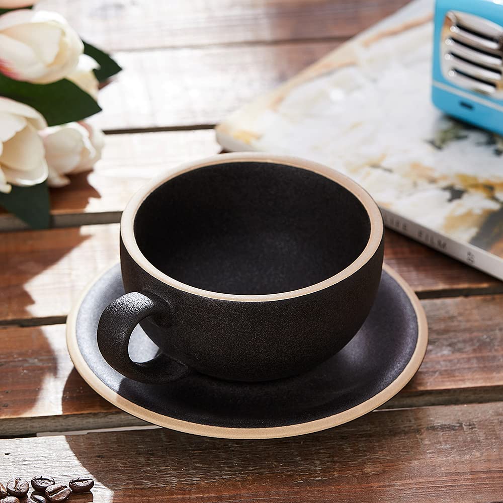 Coffeezone Vintage Design 12 Oz Ceramic Latte Art Cappuccino Barista Cup With Saucer (Rough Black)