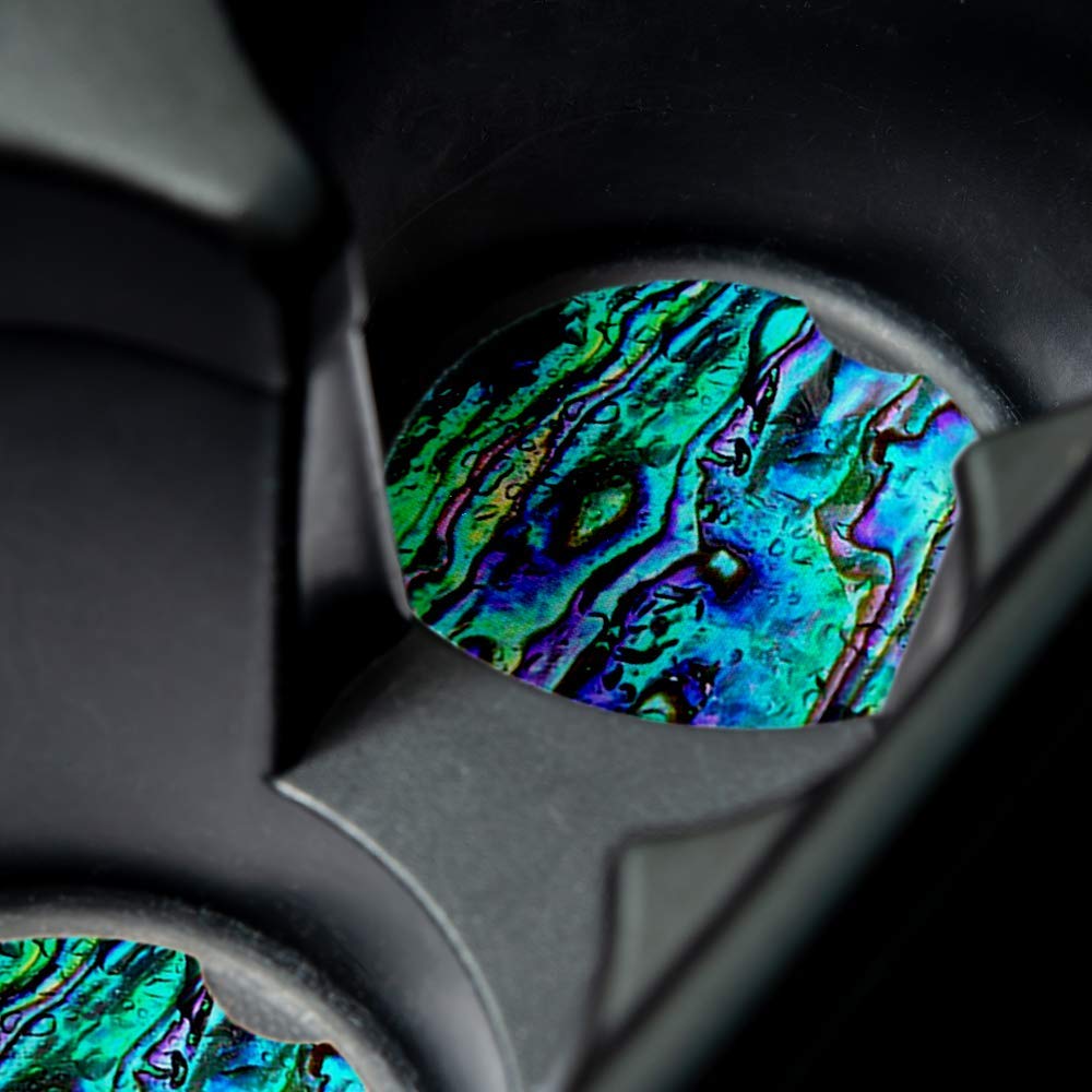 Teal Abalone Car Coasters For Drinks Set Of 2 - Perfect Car Accessories. Coaster Measures 2.56 Inches With Rubber Backing And Fa