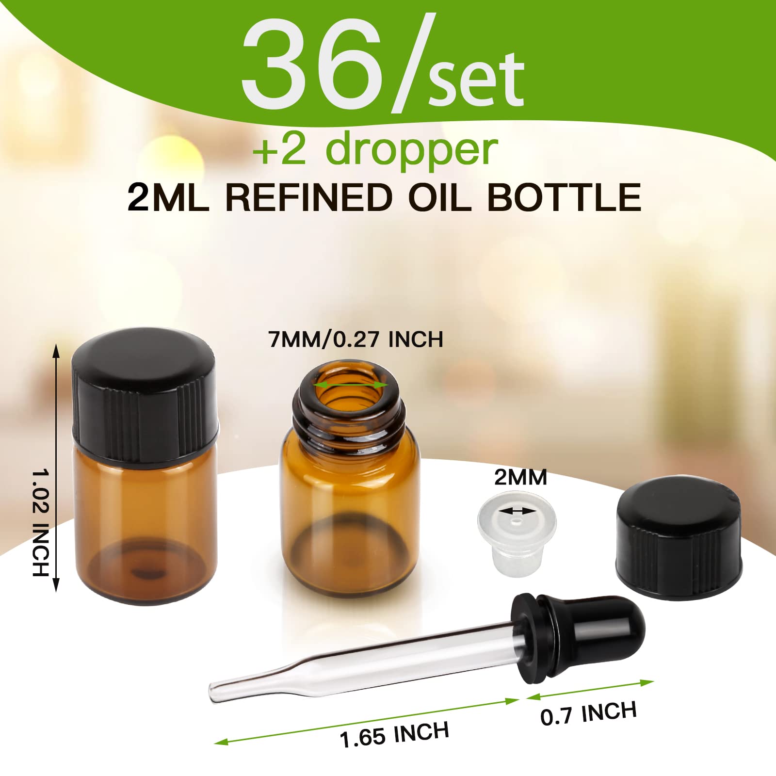 Teenitor Oil Bottles for Essential Oils  36 Pcs 2 ml (5/8 Dram) Amber Glass Vials Bottles  with Orifice Reducers and Black Caps  with 2 Free Glass Transfer Eye Droppers
