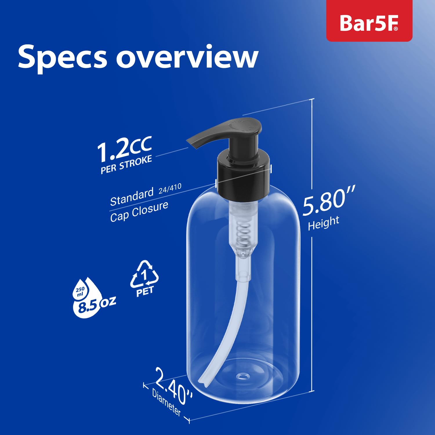 Bar5F 8-Pack Plastic Bottles with Pump Dispenser, 8.5 oz | Leak Proof, Empty, Clear Refillable, BPA Free for Body Wash, Moisturi