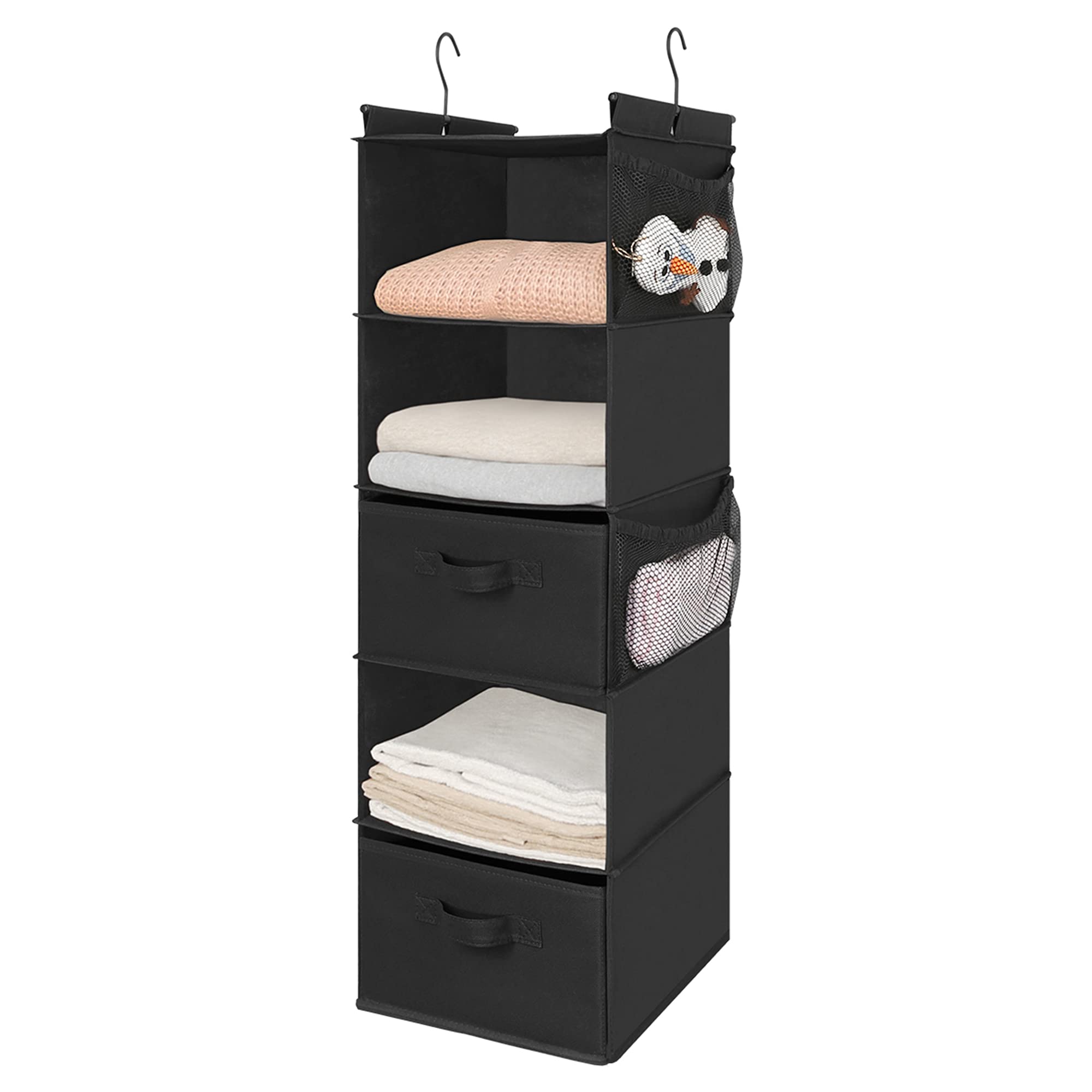 Max Houser 5 Tier Shelf Hanging Closet Organizer, Cloth Hanging Shelf With 2 Sturdy Hooks For Storage, Foldable (Black-D2)