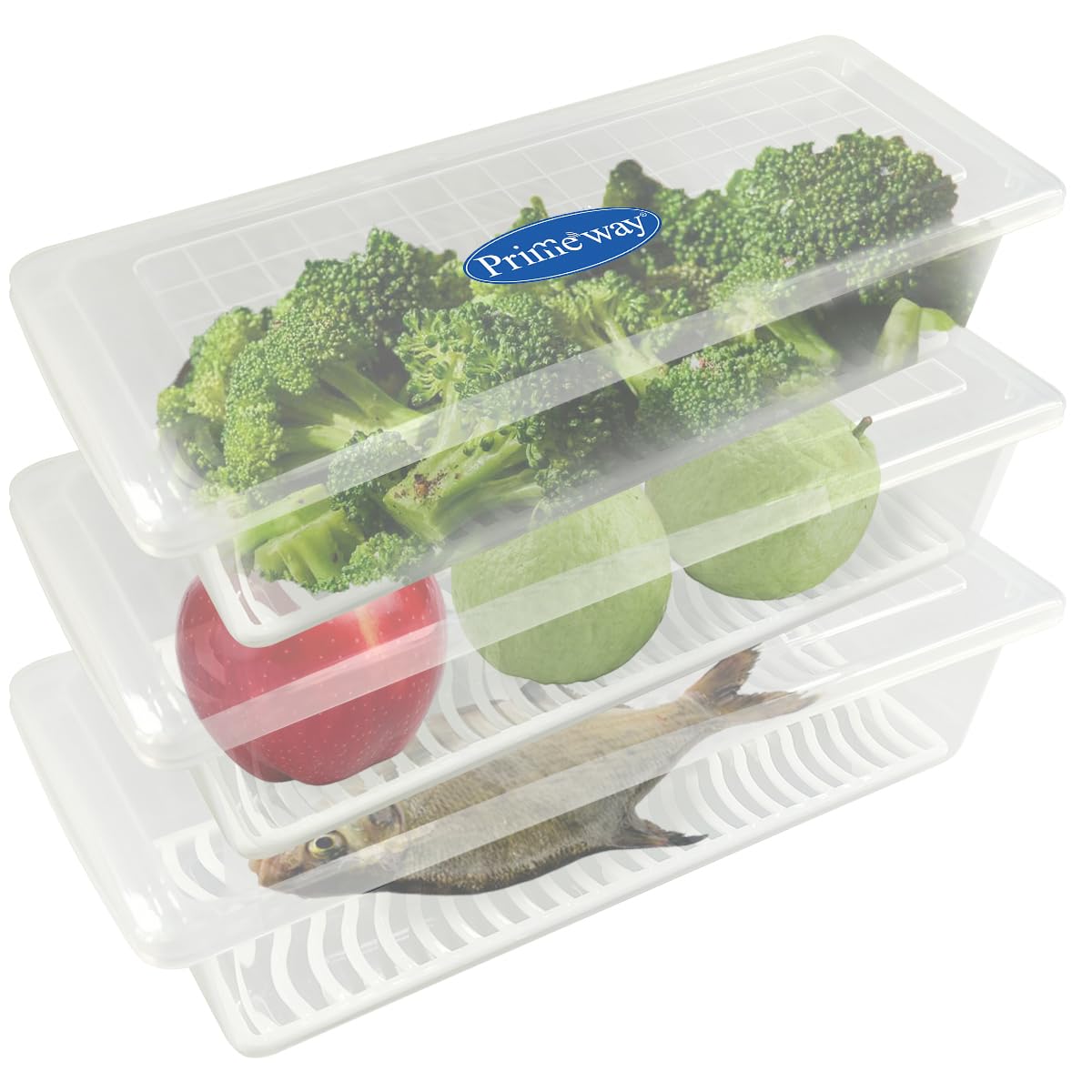 Primeway Polypropylene Pack Of 3 Food Savers Containers With Water Drain Tray | Kitchen Boxes | Fridge Organiser | Keep Fresh St