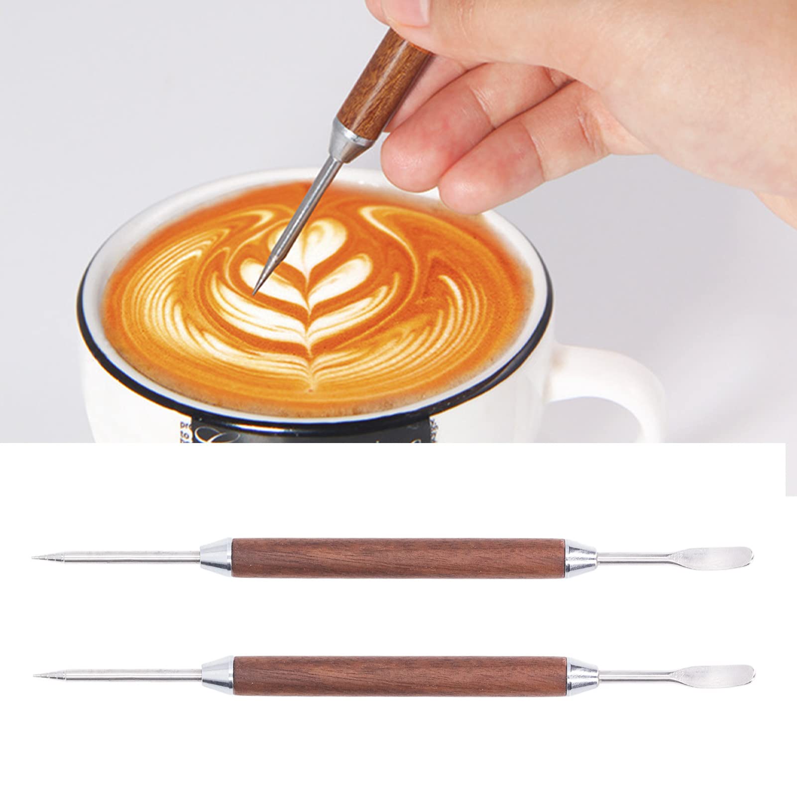 2Pcs Coffee Art Pen, Stainless Steel Coffee Art Pen Double Head Wooden Coffee Art Pen Coffee Fancy Stitch Barista Tool For Cappu
