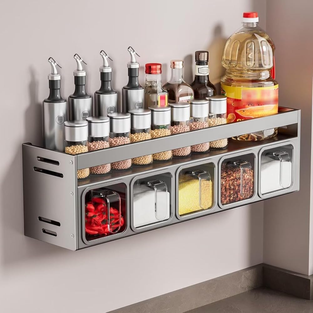 Kanupriya No Drill Metal Double Tier Modern Kitchen Spice Rack Multifunctional Wall Mounted Home Use Seasoning Storage Box (Smal