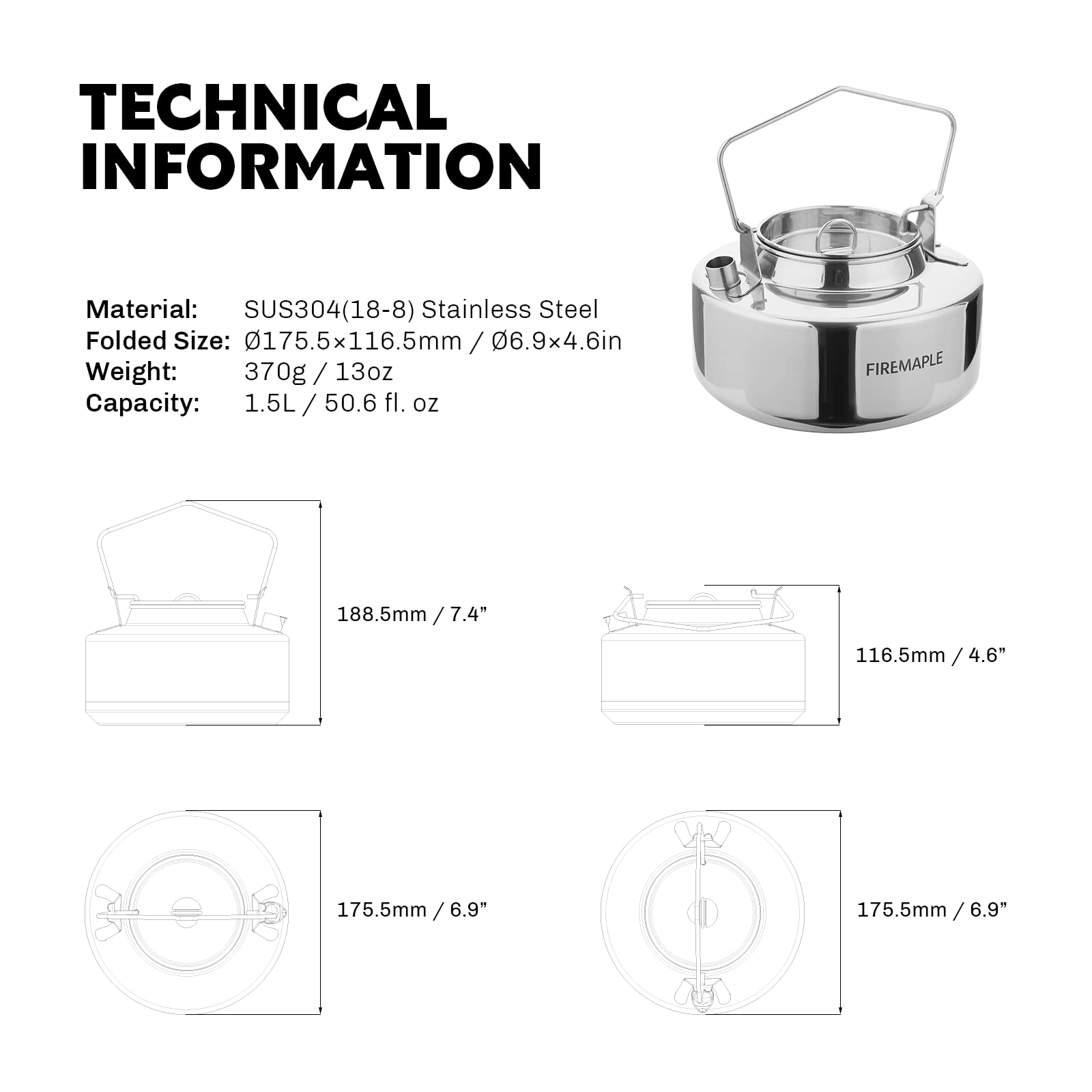 Fire-Maple Antarcti 1.5L Kettle | Portable SUS304 Stainless Steel Bushcraft Gear | Durable Open Fire Pot