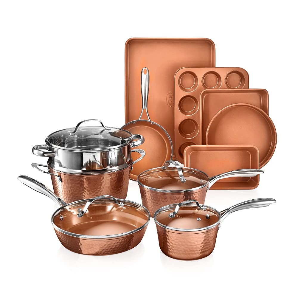 Gotham Steel Hammered 15 Pc Ceramic Pots and Pans Set Non Stick Cookware Set, Kitchen Cookware Sets, Ceramic Cookware Set with N