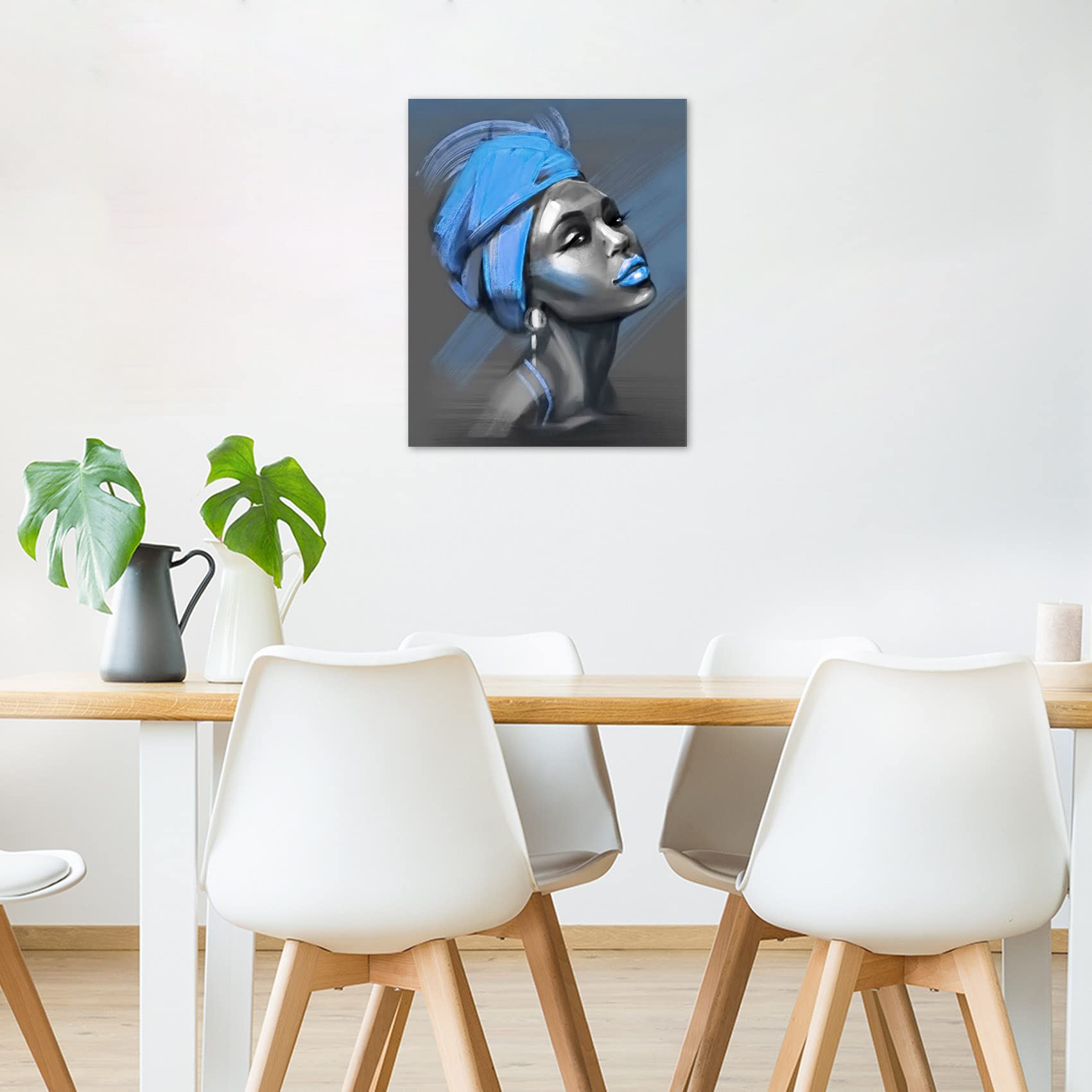 LB African American Women Canvas Wall Art  Beauty Black Woman Blue Hair Canvas Art  Abstract Minimalist Painting Wall Decor for Living Room Bedroom Bathroom Home Decor Ready to Hanging 12x16 Inch