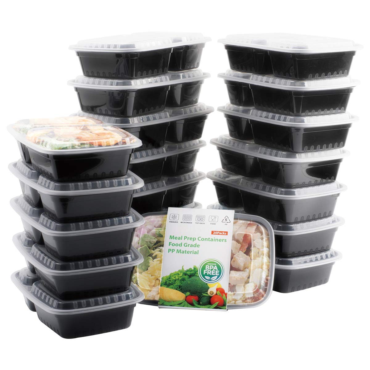 Pinshion 20 Pack Meal Prep Containers 2 Compartment Bento Box 950 Ml / 32 Oz Microwavable Food Containers With Lids, Food Storag