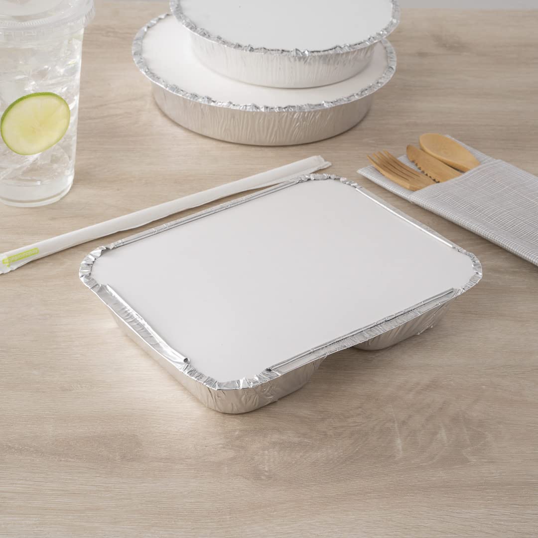 Restaurantware Lids Only: Foil Lux Aluminum Pan Lids For 3-Compartment Trays 100 Rectangle Foil Board Lids - Trays Sold Separate