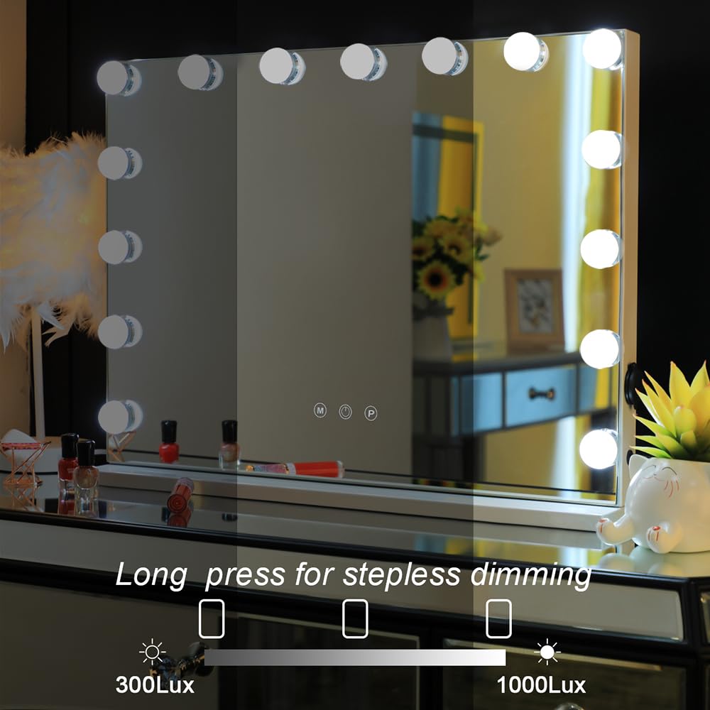Hompen Vanity Mirror Makeup Mirror With Lights,Large Hollywood Lighted Vanity Mirror With 15 Dimmable Led Bulbs,3 Color Modes, T