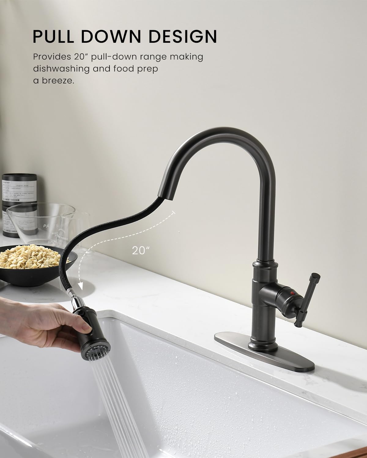 Black Stainless Kitchen Sink Faucet With Pull Down Sprayer, Dayone Single Handle 1 Hole High Arc Flow 360 Swivel Kitchen Faucets