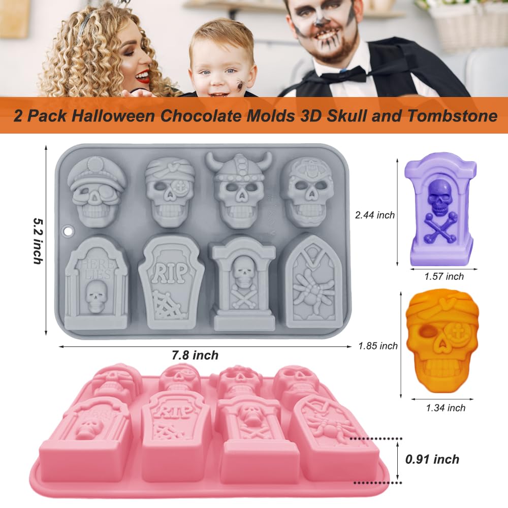2 Pack Halloween Chocolate Molds 3D Skull And Tombstone Halloween Themed Baking Mould Tray Diy Baking Tool For Chocolate Cake De