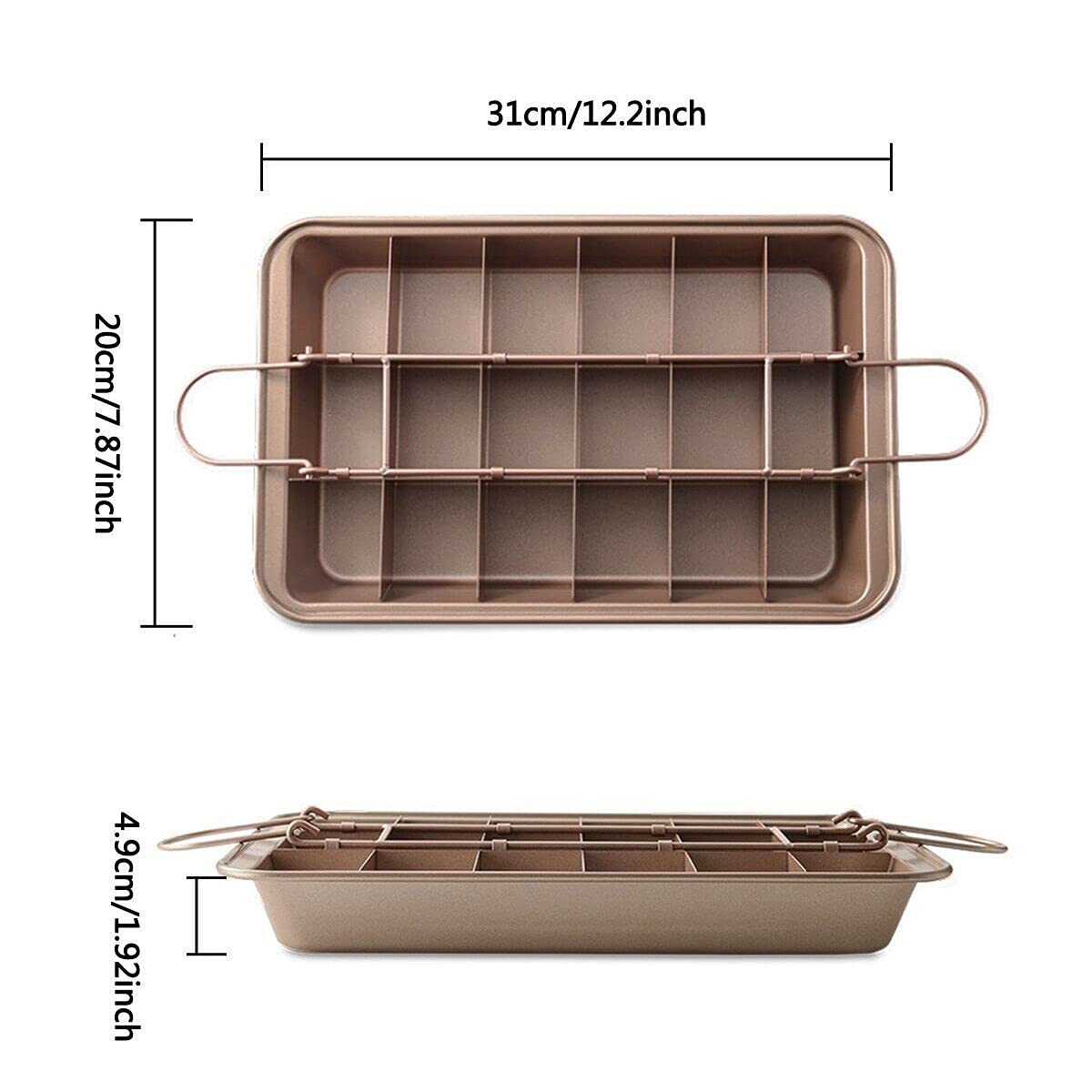 Kofebe Brownie Pan, Non-Stick Carbon Steel, 12x8 in, 18 Pre-Slice Dividers, Bronze