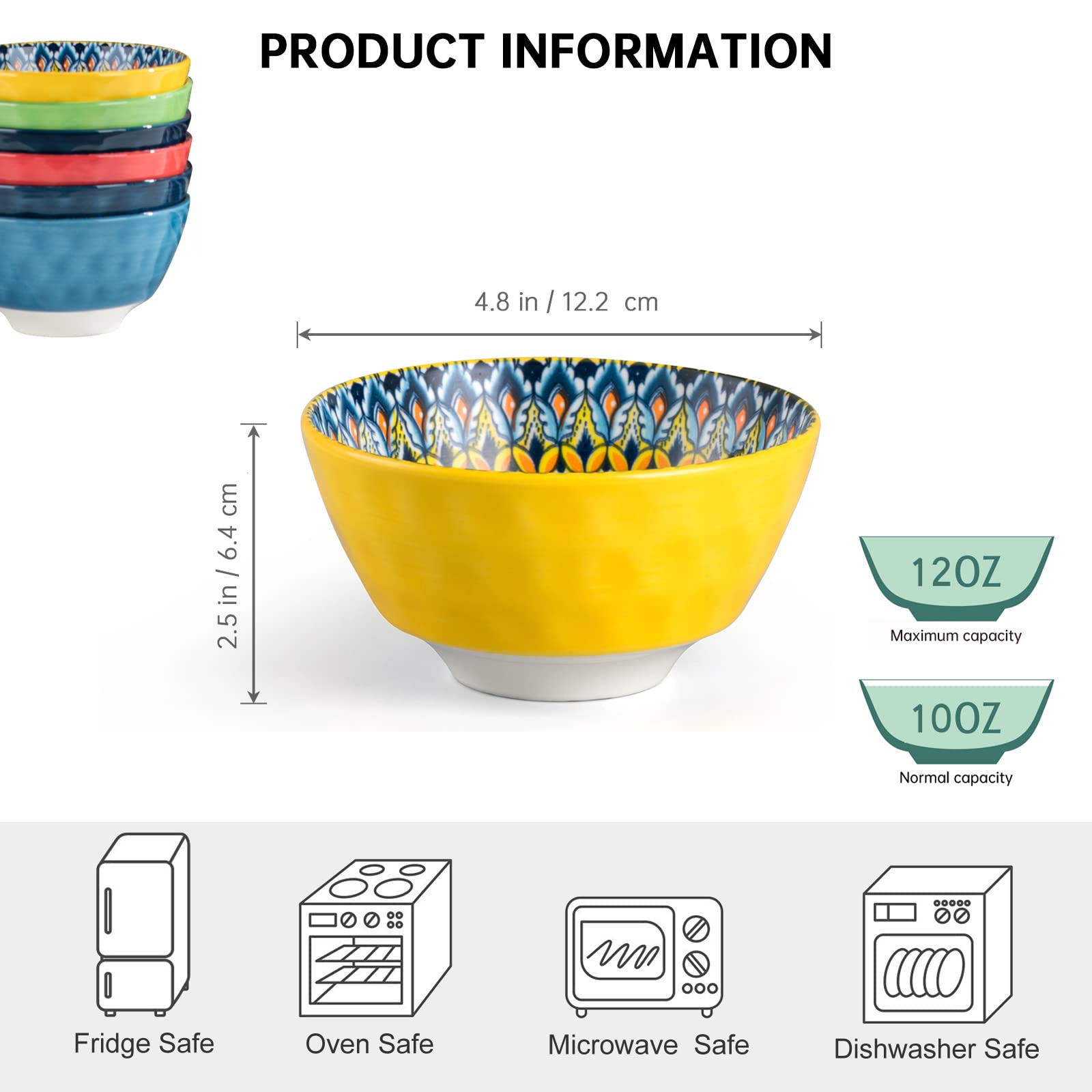 Henxfen Lead Ceramic Snack, Dessert Bowls Set Of 6-12 Oz Colorful Small Bowl Set For Ice Cream, Nut, Condiment - Porcelain Side