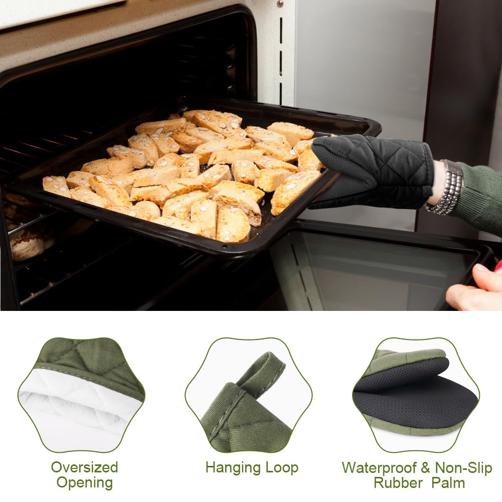 Auauy Mini Oven Mitts, 2 Count Green Small Oven Mitt 220?/428F Heat Resistant With Non-Slip Surface And Hanging Loop Mits, Kitch