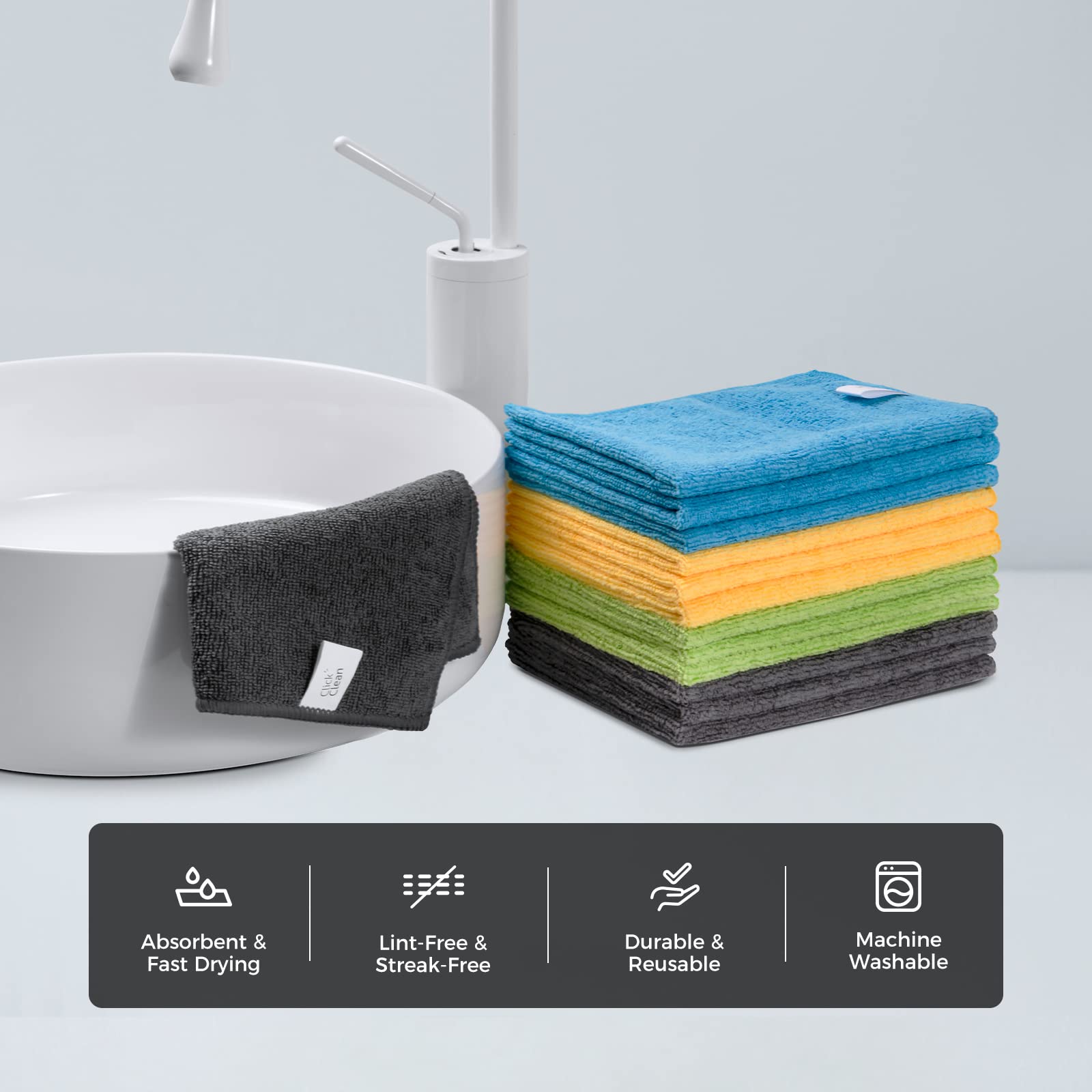 Click Clean Microfiber Cleaning Cloths, 24-Pack, Size 12'' X 16'', Lint-Free, Streak-Free, Reusable Cleaning Towels For Cleaning