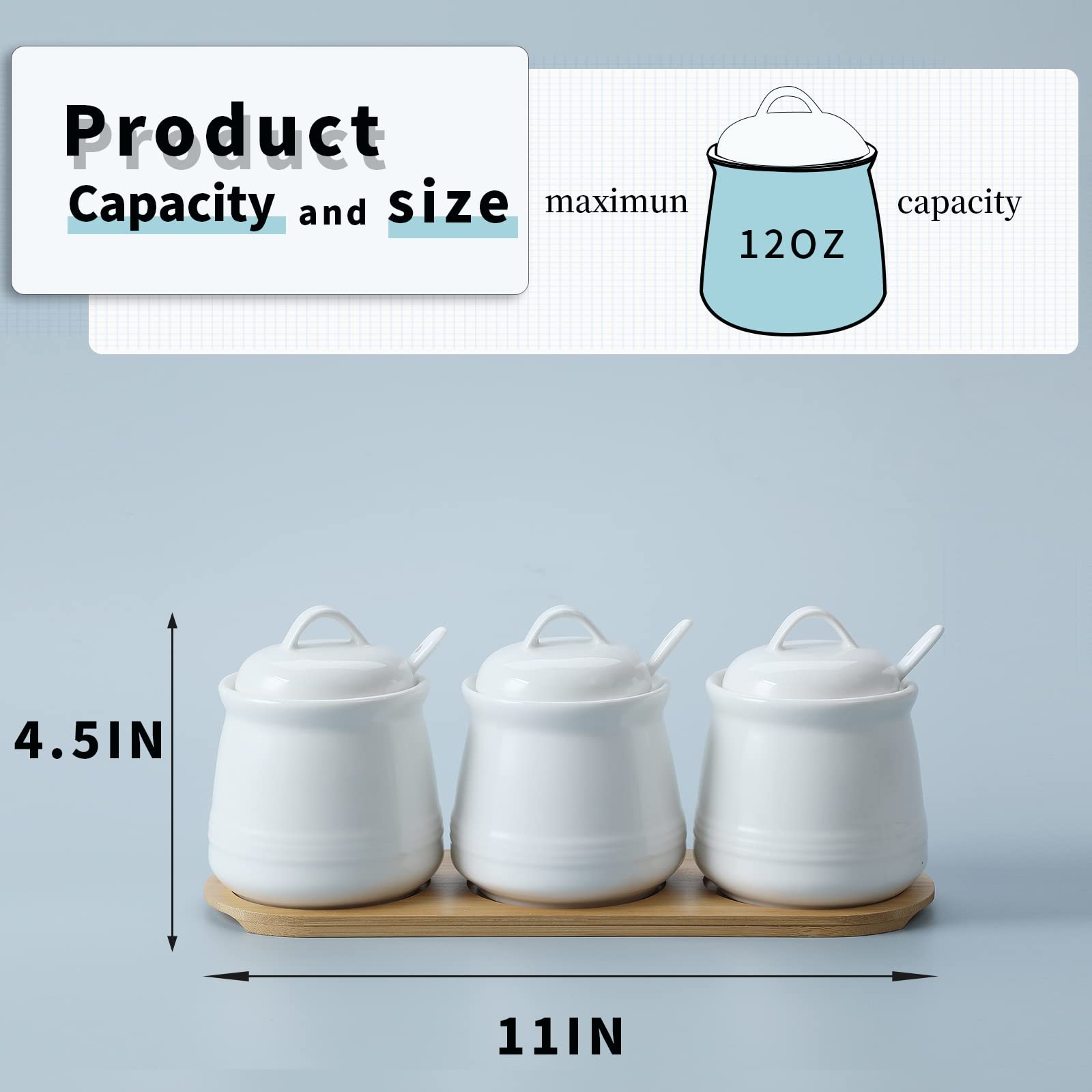 Haotop Porcelain Condiment Jar 3 Pack Set With Tray, 12 Ounces White