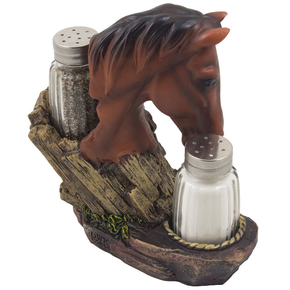 Home 'n Gifts Chestnut Resin Shaker Set with Horse Holder, 3 Pieces, 6x3x2 inches, Western Ranch Decor, Country Kitchen Centerpiece