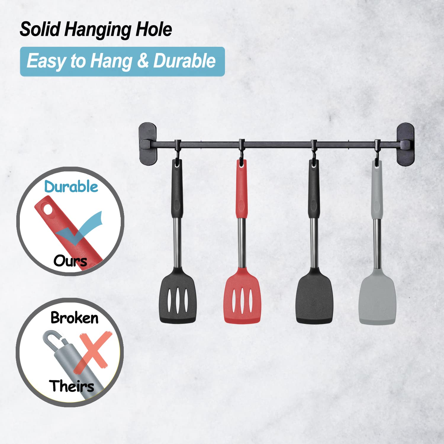 2 Pack Spatulas  Solid & Slotted Silicone Spatula Set  Stainless Steel Handle Coated with Silicone  Non Stick Turners  Heat Resistant BPA Free Rubber Spatulas for Fish  Eggs  Pancakes  WOK  Black