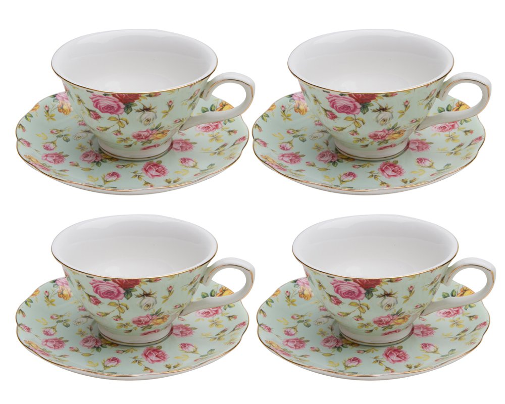 Gracie China Rose Chintz Porcelain 7-Ounce Tea Cup And Saucer Set Of 4, Blue Cottage Rose