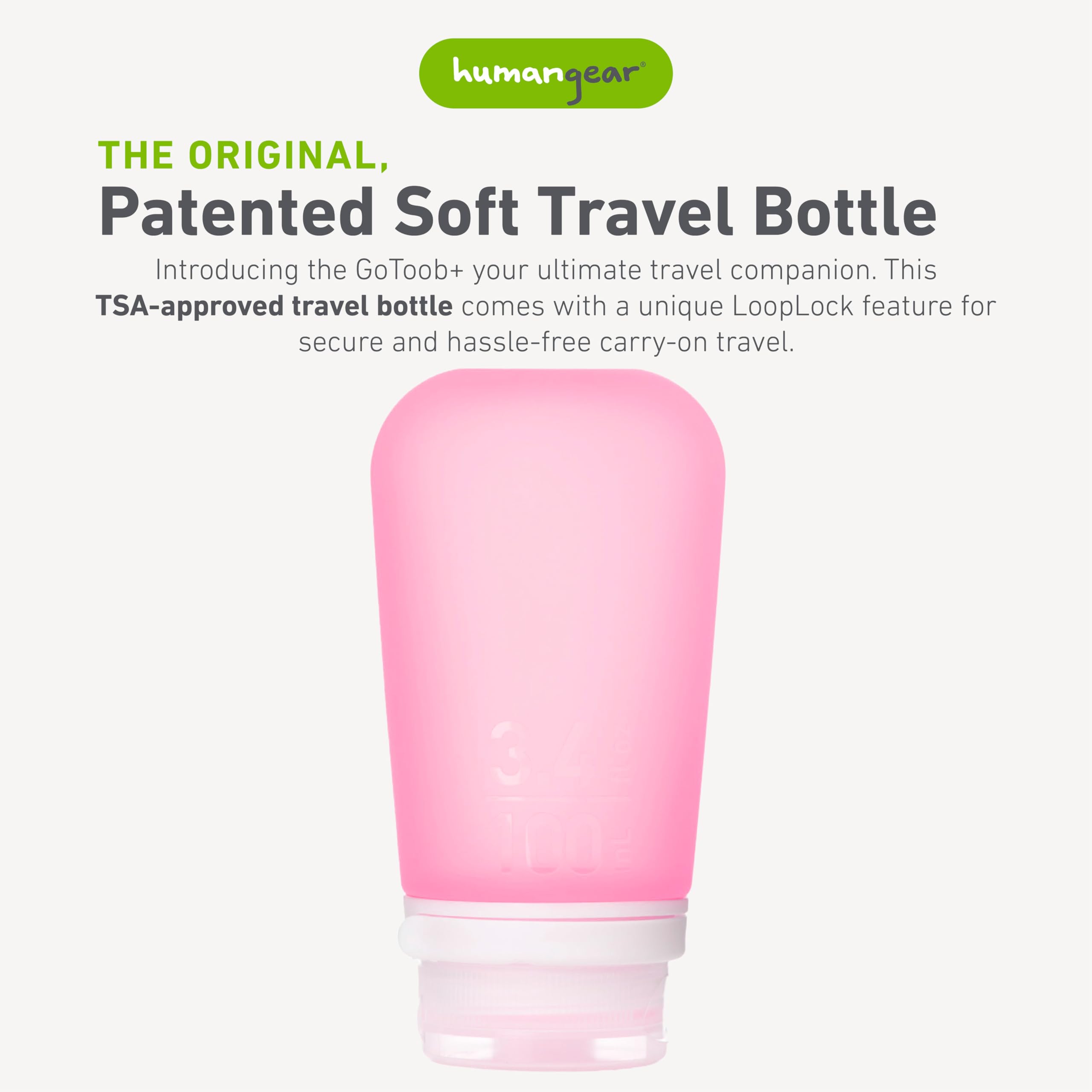 Humangear Gotoob+ (Large) | Refillable Silicone Travel Bottle | Locking Lid | Food-Safe Material | Pink, Large (3.4 Fl.Oz.; 100M