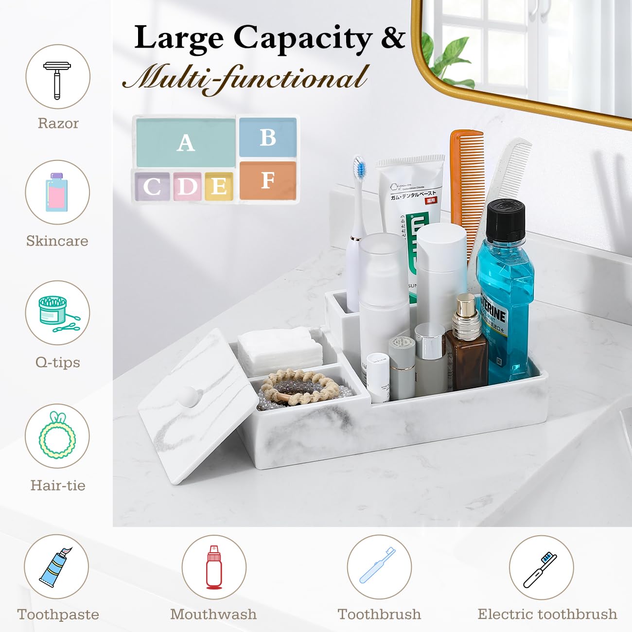 Luxspire Bathroom Counter Organizer, Marble Toothbrush Holder For Bathroom 6 Slot, Bathroom Vanity Organizer With Lid, Bathroom