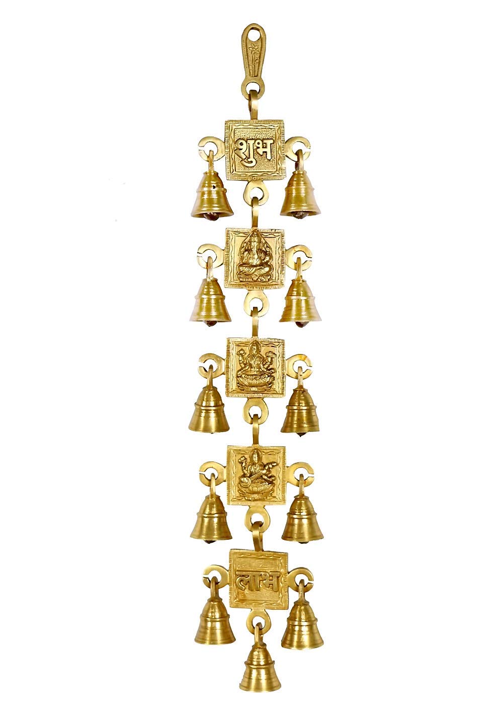 Crafthut Lakshmi, Ganesh, Shubh and Labh Brass Wall Hanging Bell (Gold, 18 x 4 Inch), Decorative Antique Showpiece for Home, Doo
