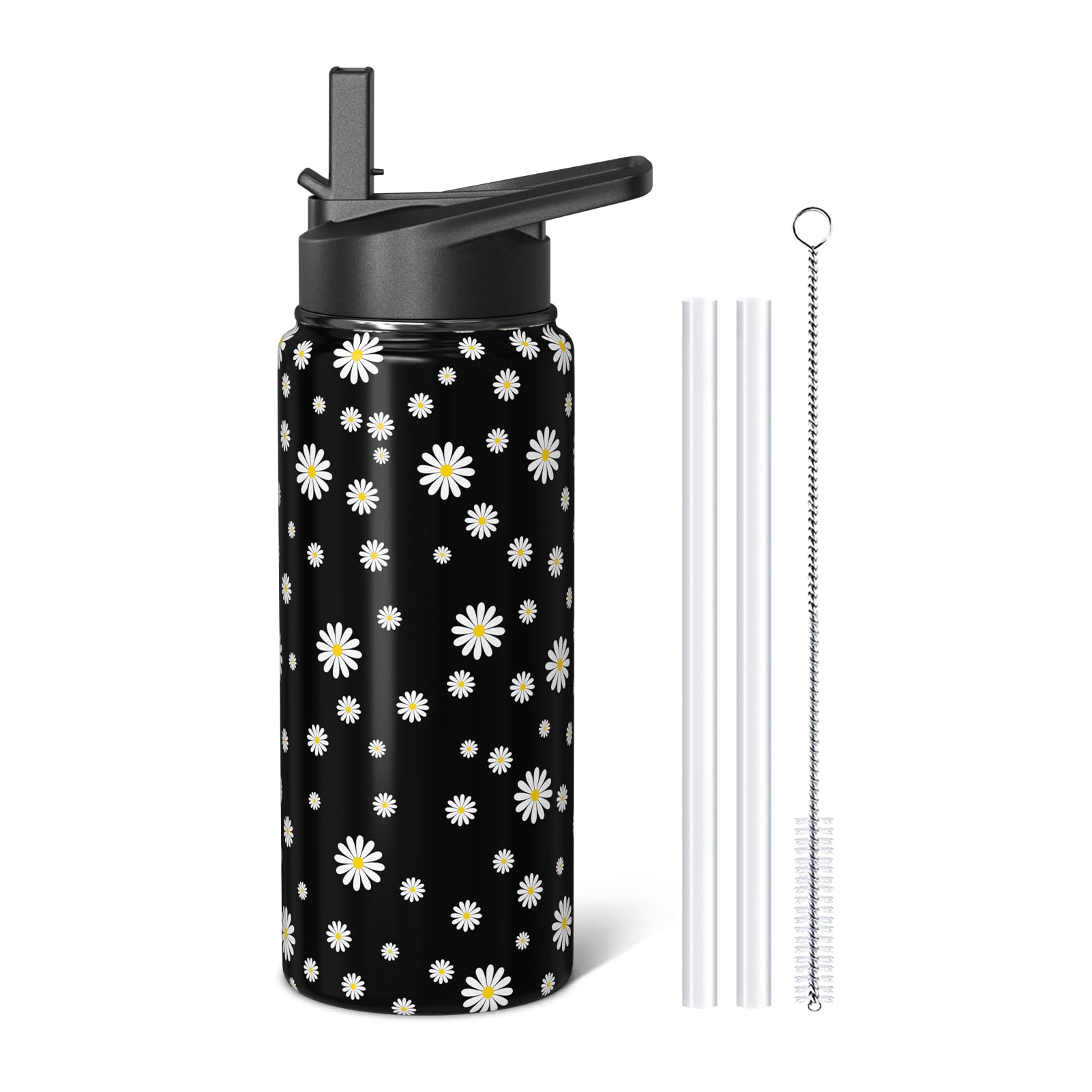 Aokoyi Black Daisy Floral 18oz Sport Water Bottle with Flip Straw & Lid