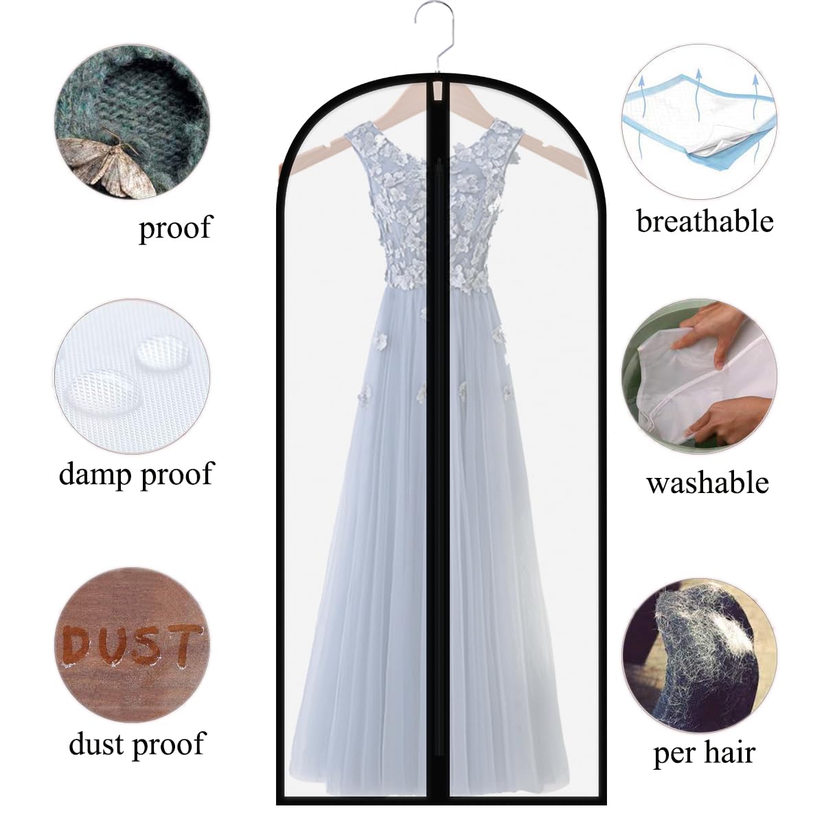 homeminda Extra Long Dress Garment Bags 60in Clear Hanging Lightweight Breathable Dust Proof Cover with Study Full Zipper for Storage Clothes and Travel Pack of 6