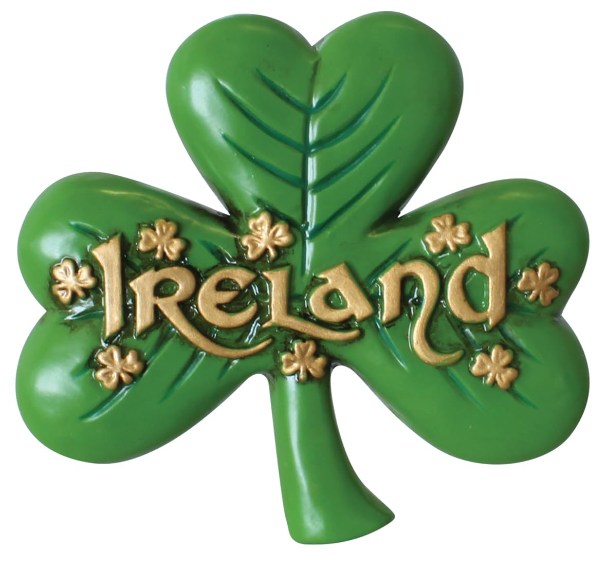 Antique Magnet Of Large Shamrock And Gold Ireland Text And Small Shamrock Design