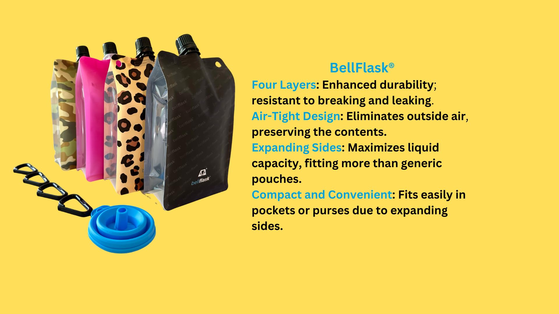 Bellflask - 15 Oz. Plastic Flask, Patented, Flexible, Metal-Free, Reusuable, Bpa-Free With Carabiner Clip And Filling Funnel