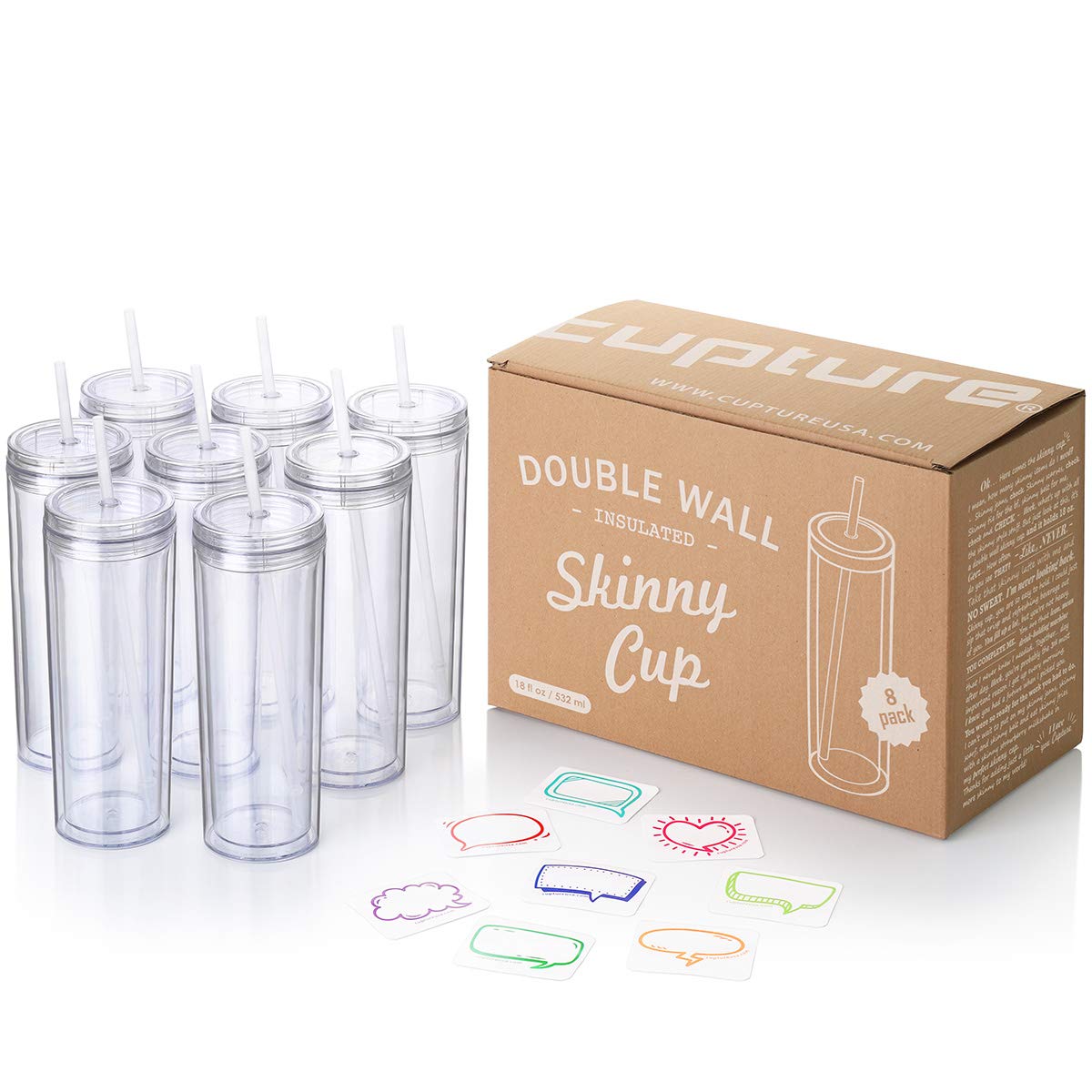 Cupture Skinny Acrylic Tumbler Cups With Straws - 18 Oz, 8 Pack (Clear)