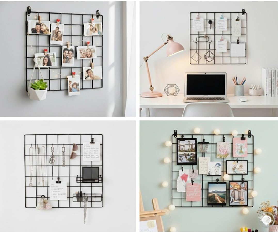 Metal Grid Wall Panel, Photo Display Board With Clips, Black Square Mesh Frame, (Black, 30 X 30 Cm (Pack Of 01))