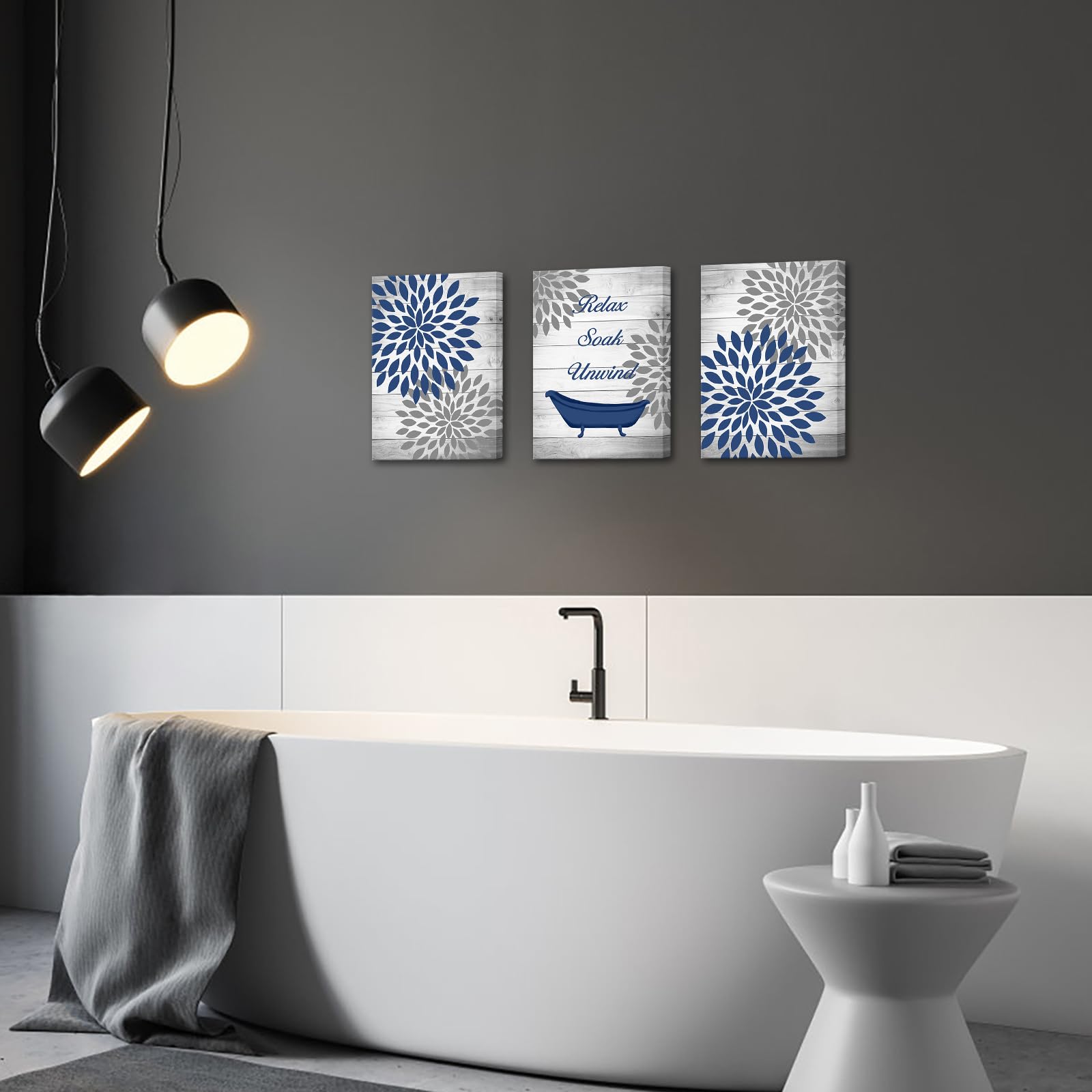 RnnJoile 3 Pieces Rustic Floral Canvas Wall Art Dahlia Relax Soak Unwind Painting Artwork for Home Bathroom Decor Navy Blue Flower Picture Print Framed Ready to Hang Each Piece 12x16 Inch