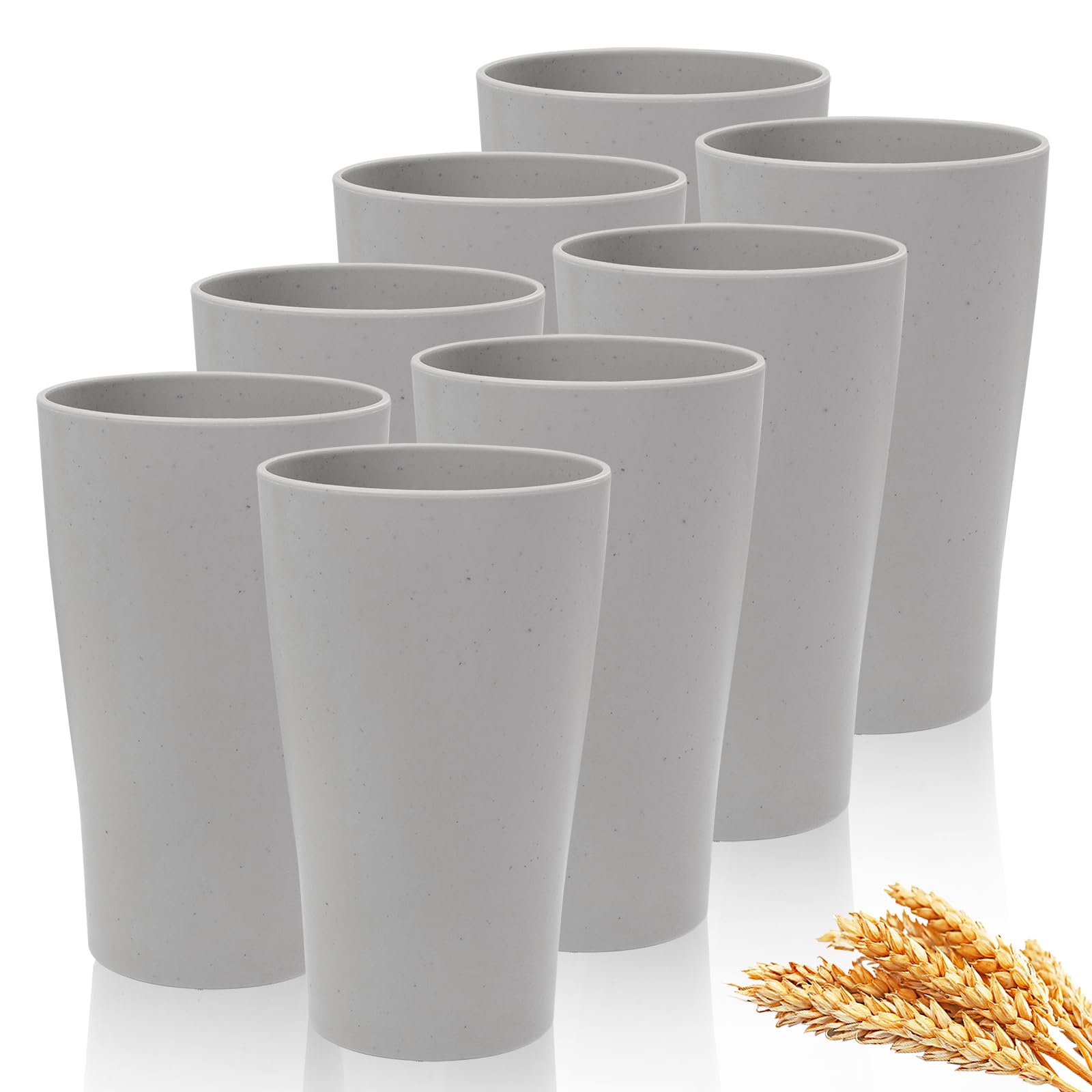 ejonirinjonir EI 15oz Wheat Straw Cups 8pcs Grey Plastic Reusable Cups for Kitchen Unbreakable Plastic Drinking Glasses for Wate