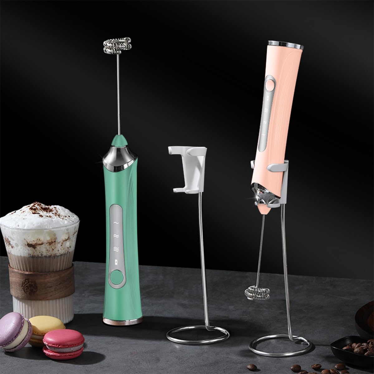 Rechargeable Milk Frother Handheld For Coffee,3 Speeds Frother Wand With Stand, Batidora De Mano Electrica,Coffee Frother With 2