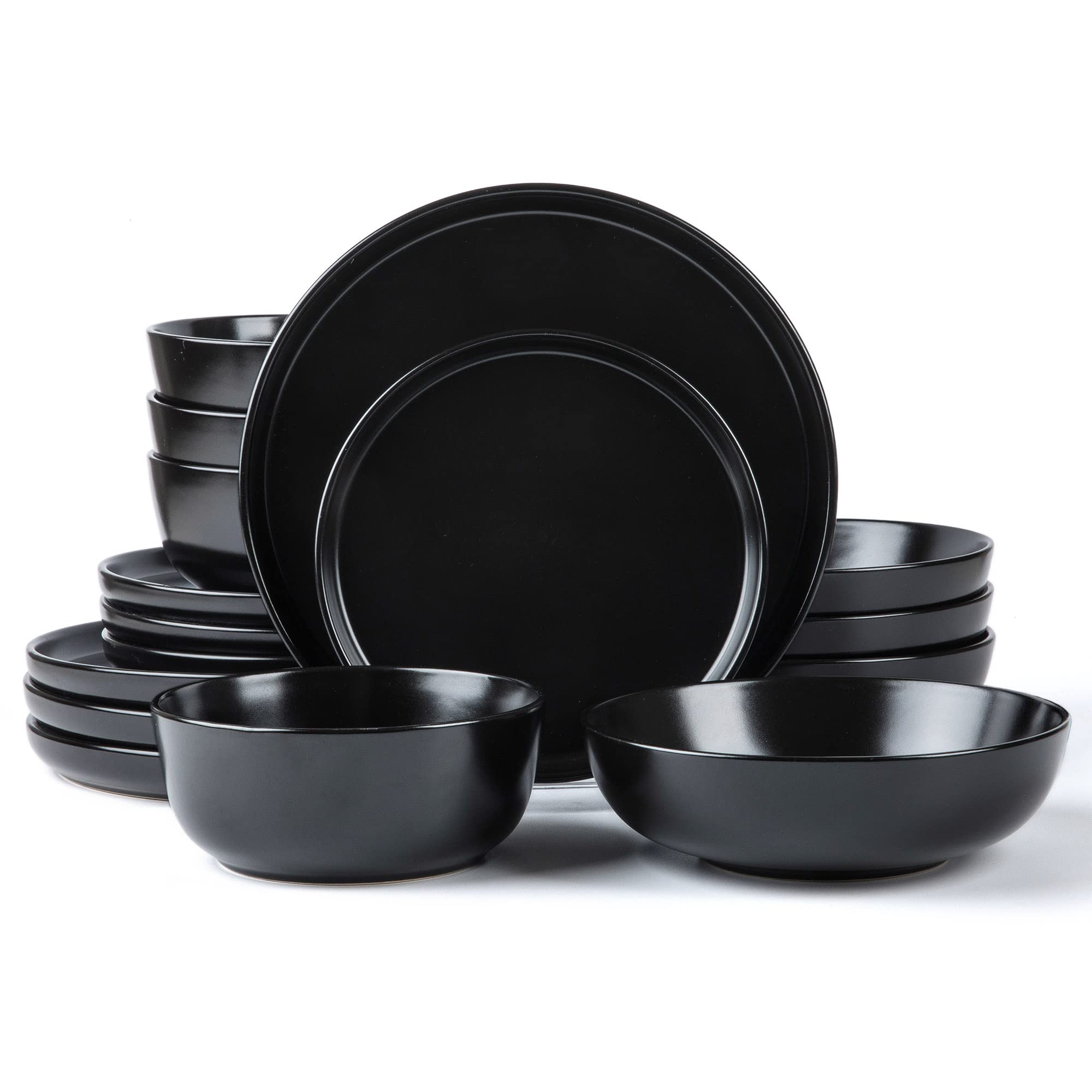 ARORA SKUGGA Round Stoneware 16pc Double Bowl Dinnerware Set for 4, Dinner Plates, Side Plates, Cereal Bowls, Pasta Bowls - Matt