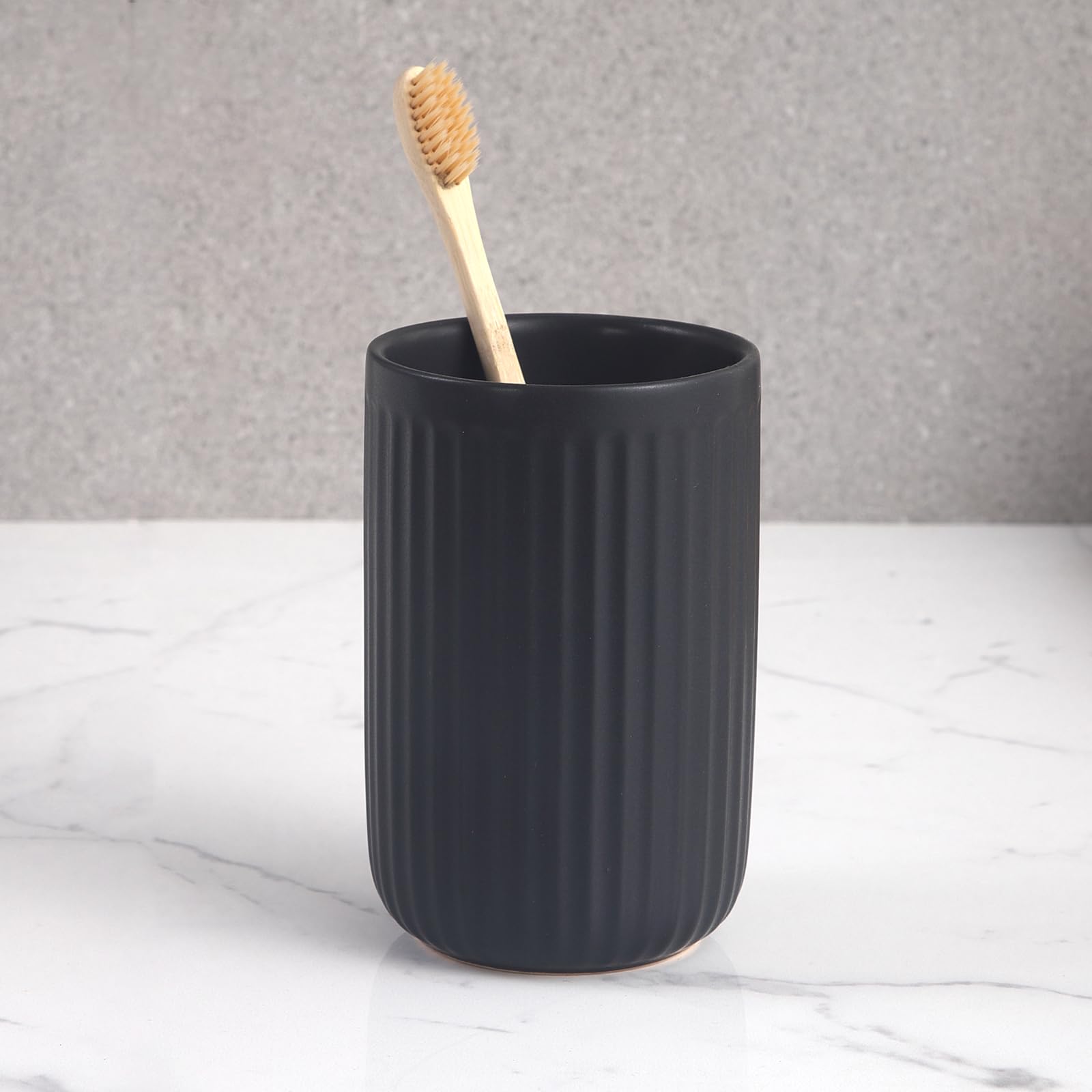 Matte Black Toothbrush Holders For Bathrooms - Ceramic Toothbrush Toothpaste Holders Set, Black Bathroom Tumbler Cups Reusable T