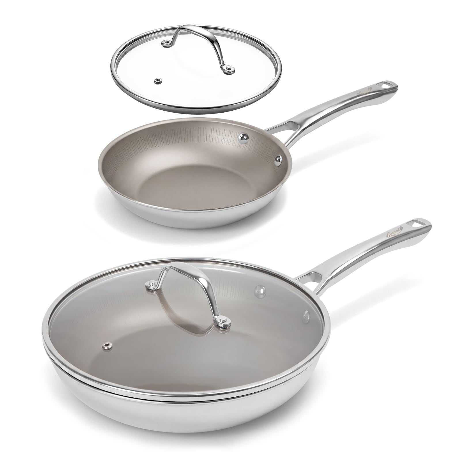 Lvmol Titanium Frying Pan Set with Lids  8 & 10.25 No Coating PFASFree Skillet, TriPly Titanium & Stainless Steel, Inductio