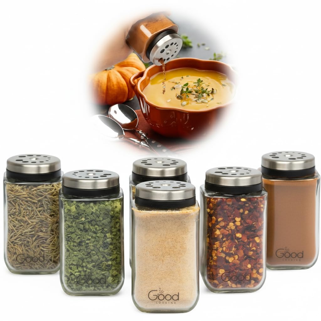 Adjustable Glass Spice Jars Set Of 6 Seasoning Shaker Rub Container Tins With 6 Pouring Sizes