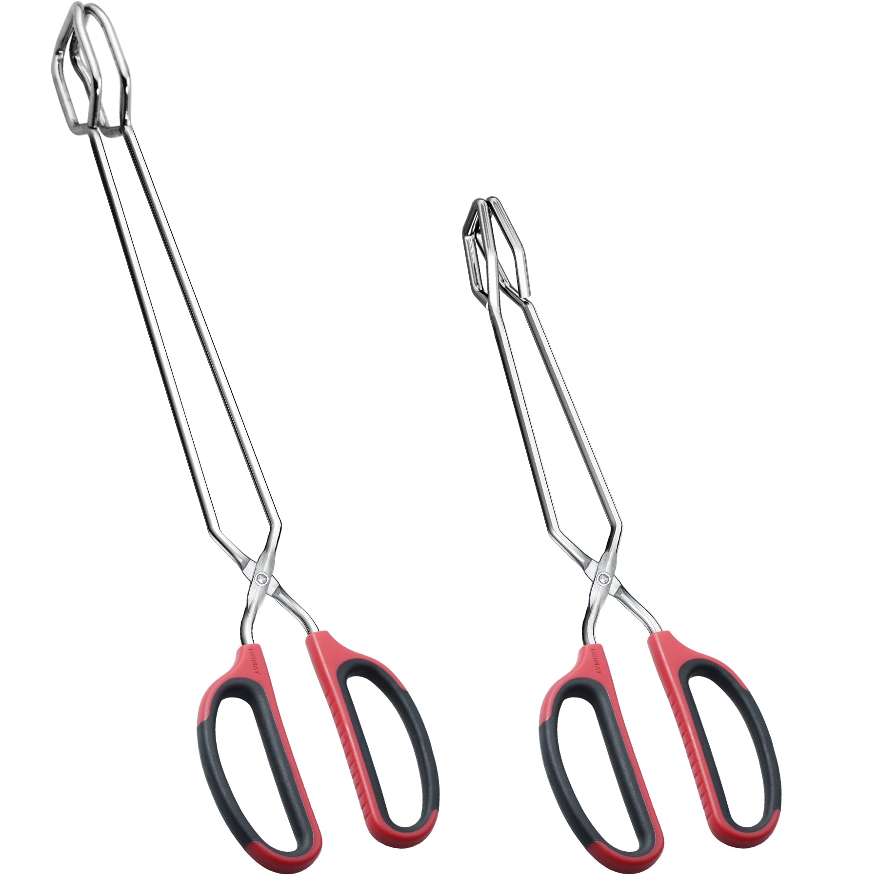 HINMAY 12 16 Extra Long Stainless Steel Kitchen Tongs Set, Non-Slip Comfortable Red Grip, Scissor Design, Heat Resistant for Coo