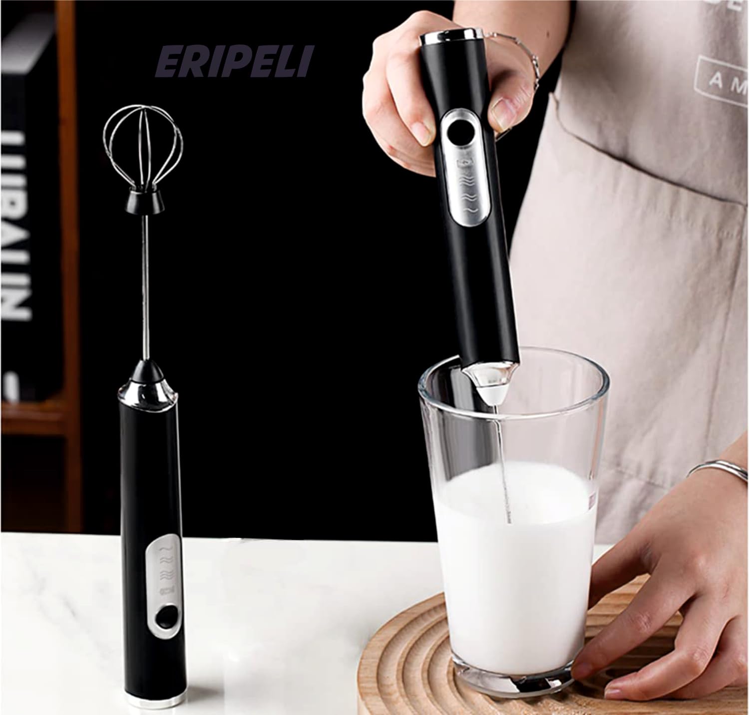 Eripeli Hand Blender Coffee Frother Milk Frother Usb Rechargeable Electric Foam Maker For Cappuccino Whisker Egg Beater, Black