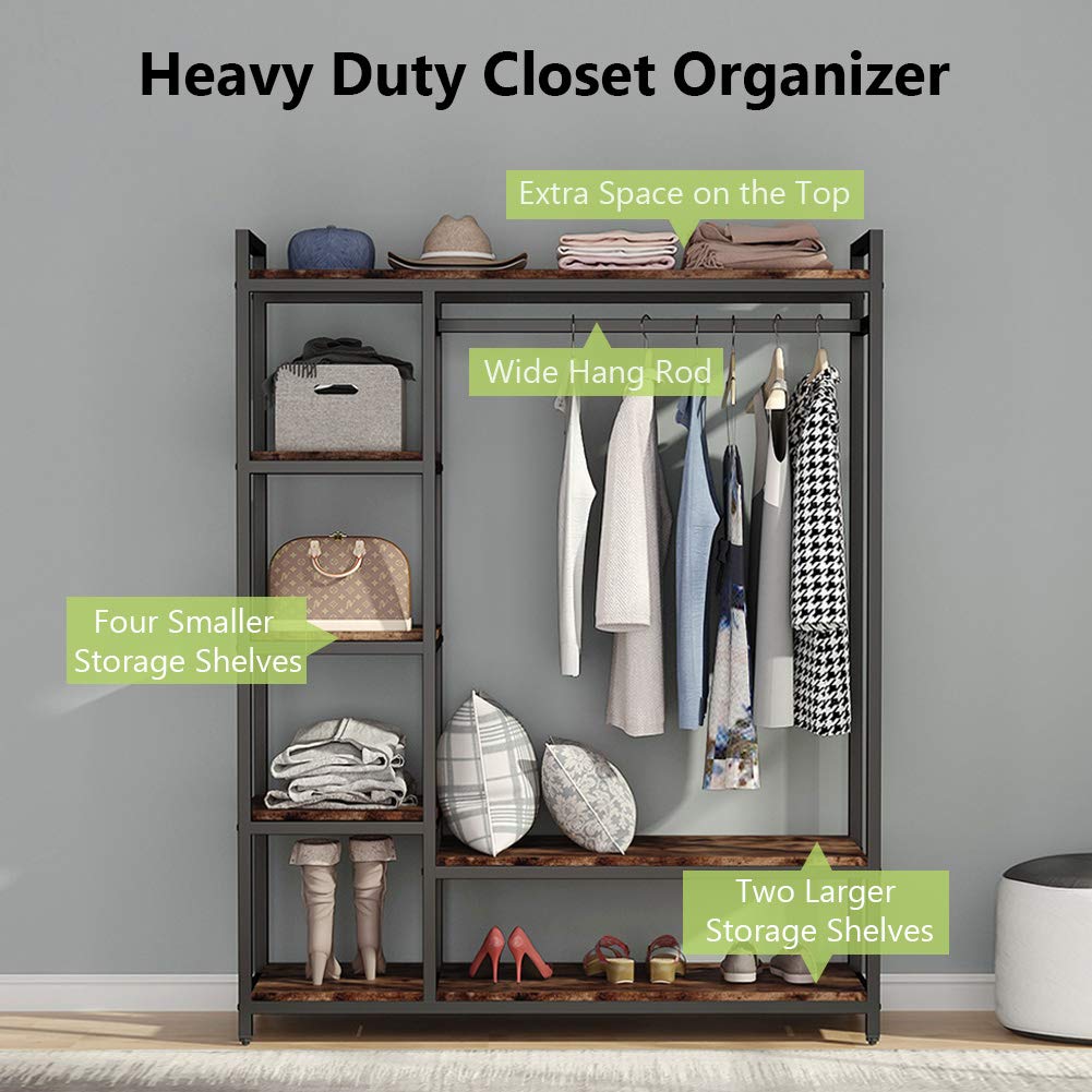 Little Tree Free-Standing Closet Organizer, Heavy Duty Clothes Closet, Portable Garment Rack With 6 Shelves And Hanging Rod, Bla