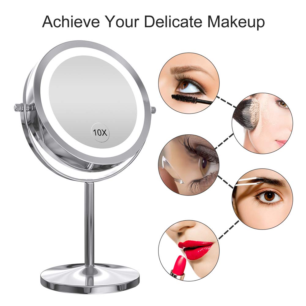 Gospire Led Makeup Mirror 1X/10X Magnifying With Touch Screen Adjustable Led Light, 7'' Lighted Vanity Swivel Mirror Double Side