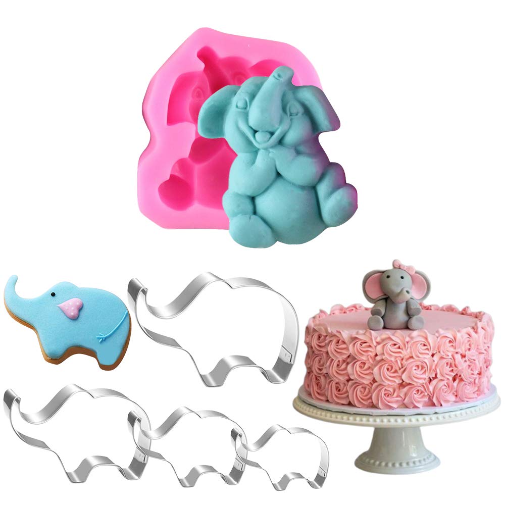 6Pcs/Set Elephant Silicone Molds & Stainless Steel Cookie Cutters For Baby Shower, Elephant Fondant Gum Paste Cake Topper Decora