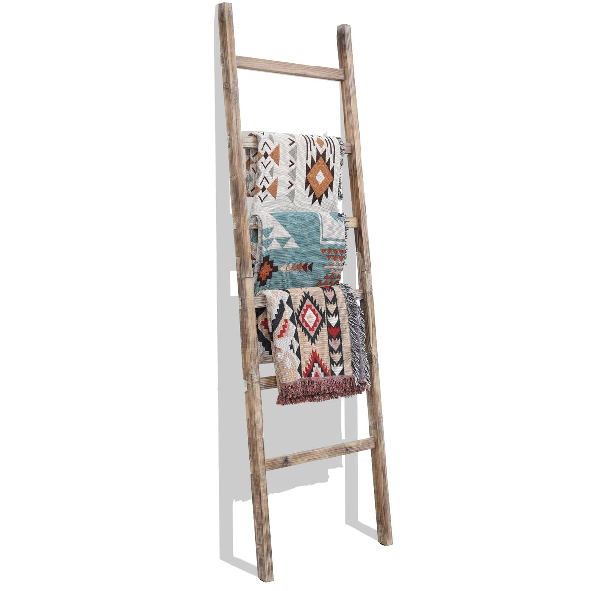 Fuin 6.4Ft Extra Wide Wooden Blanket Ladder Living Room Decorative Wal Leaning Farmhouse Quilt Display Holder Rustic Wood Towel