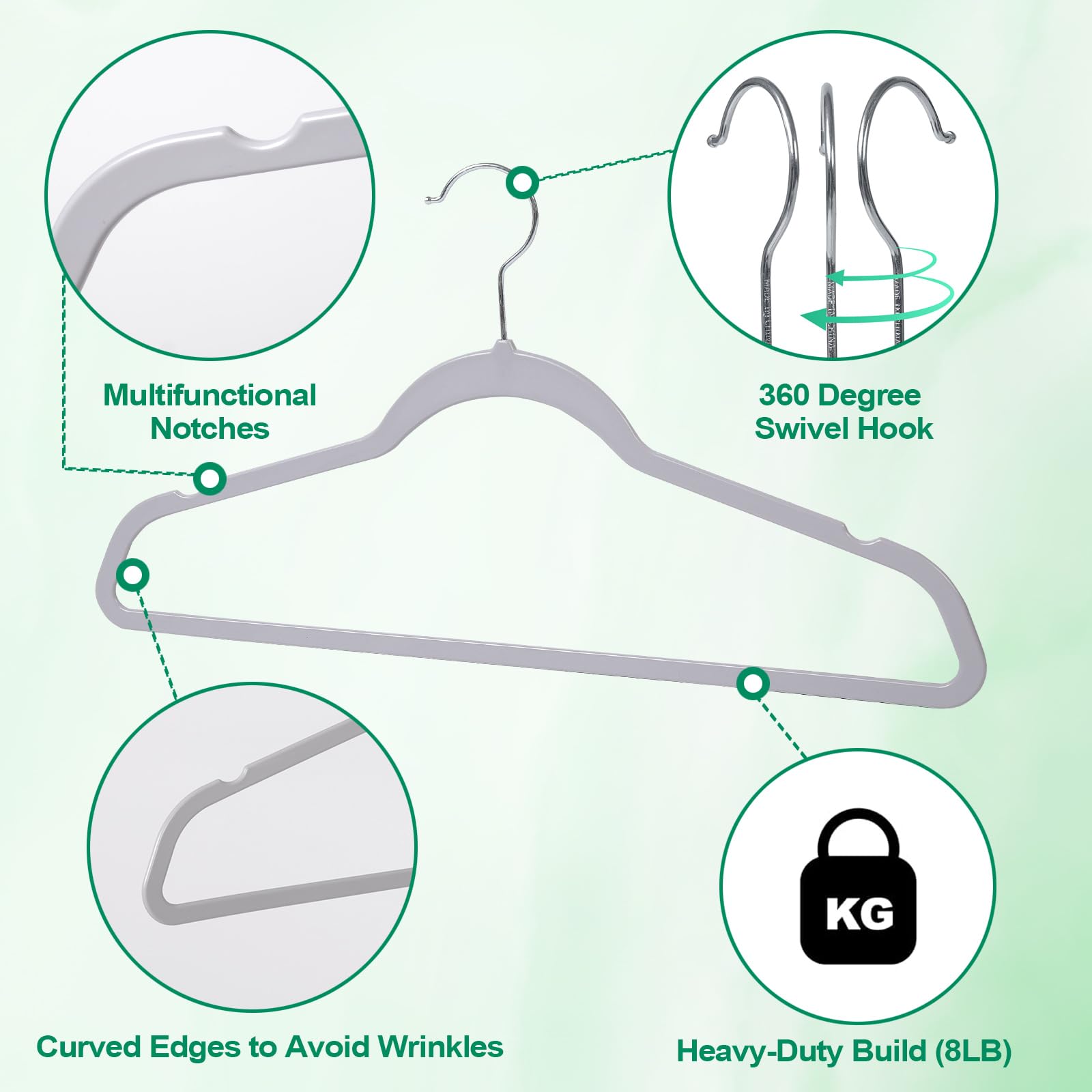 Plastic Coat Hangers 50 Pack - Space Saving Ultra Thin Non-Velvet Clothes Hangers With 360Rotating Hook - Heavy Duty Grey Pant H